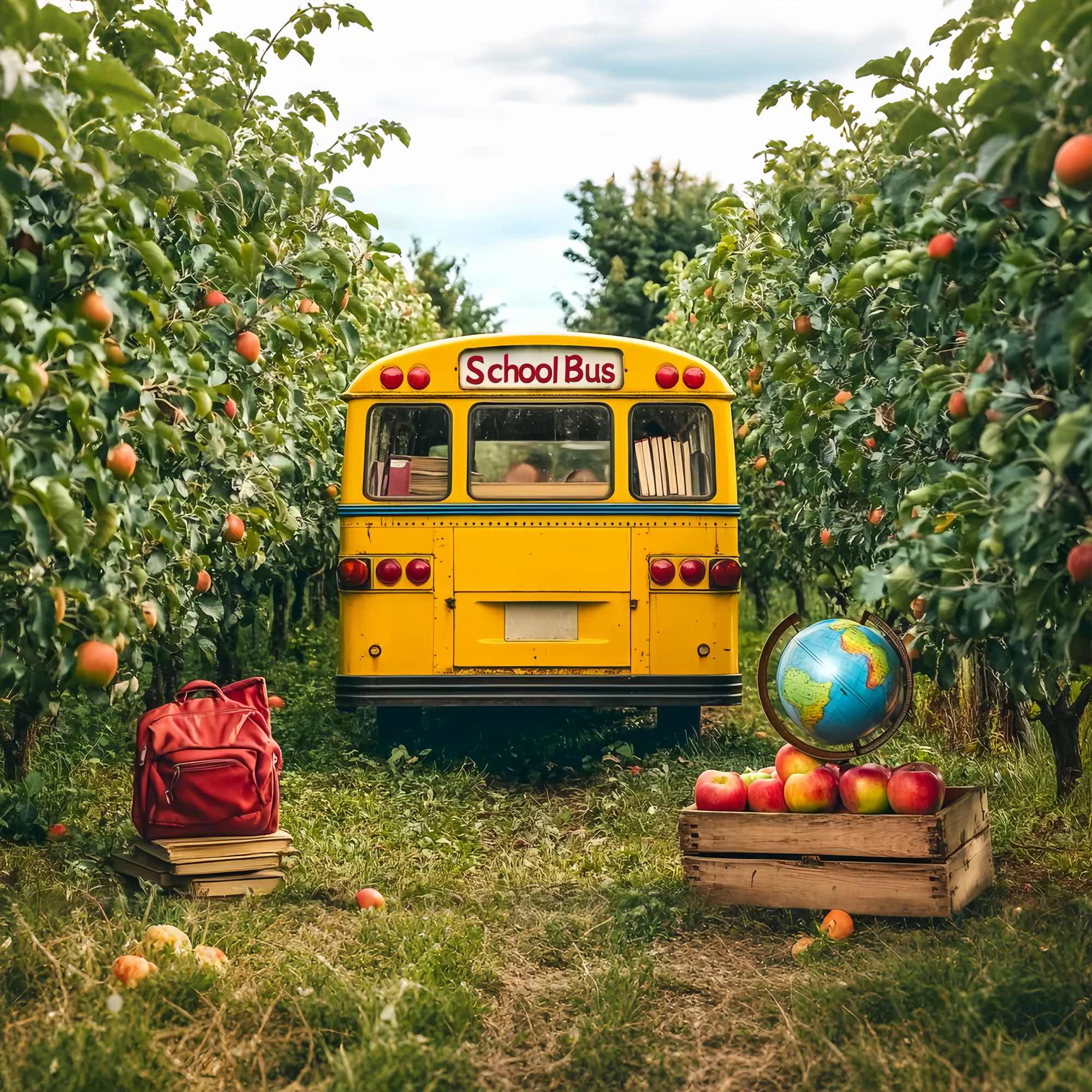 Toile de fond Bus Scolaire Jaune Verger Pommes Globe Rentrée des Classes LXX58-126