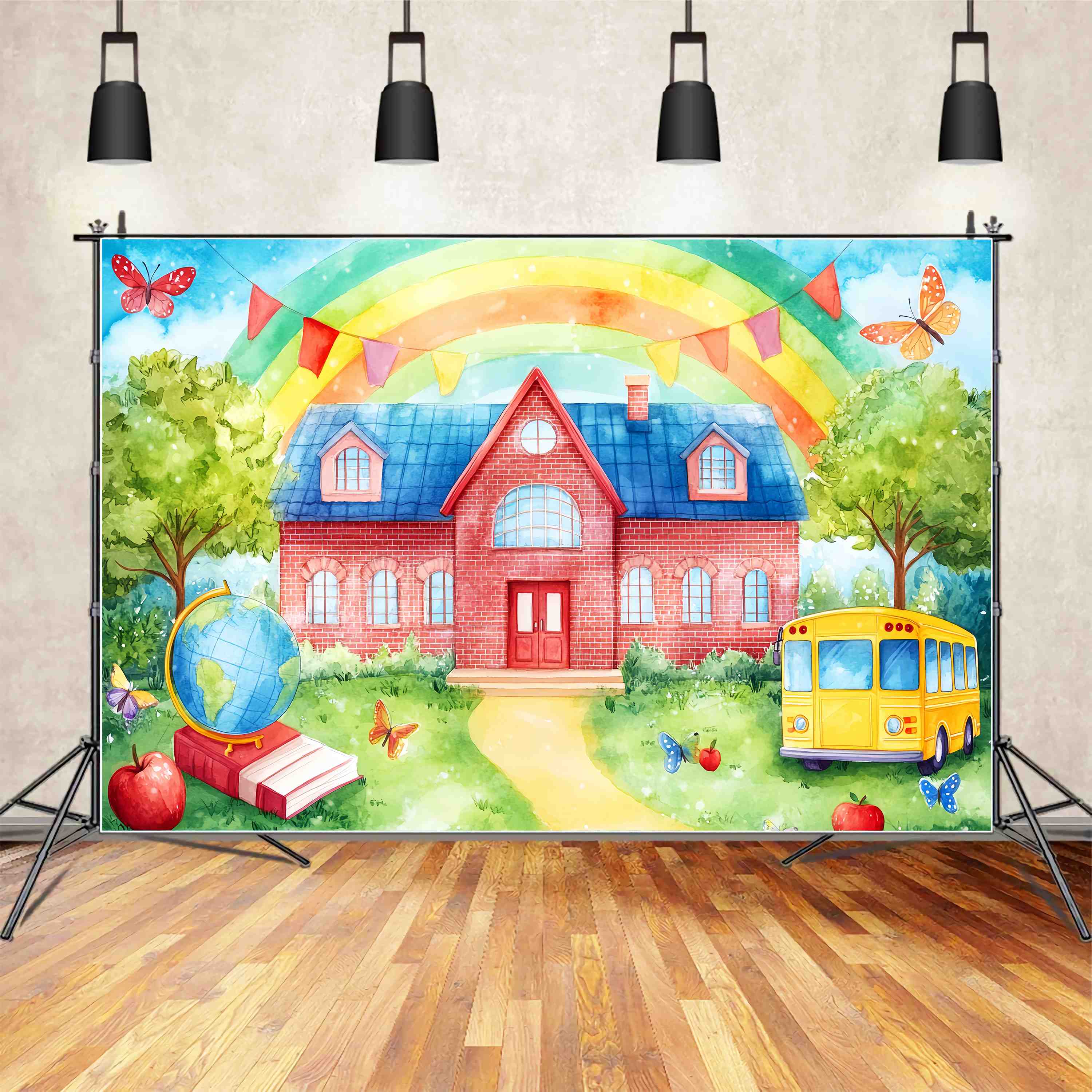 Toile de fond Photo Maternelle Mur en Brique Arc-en-Ciel Cour d’École Illustration Bus Idées Rentrée LXX58-127