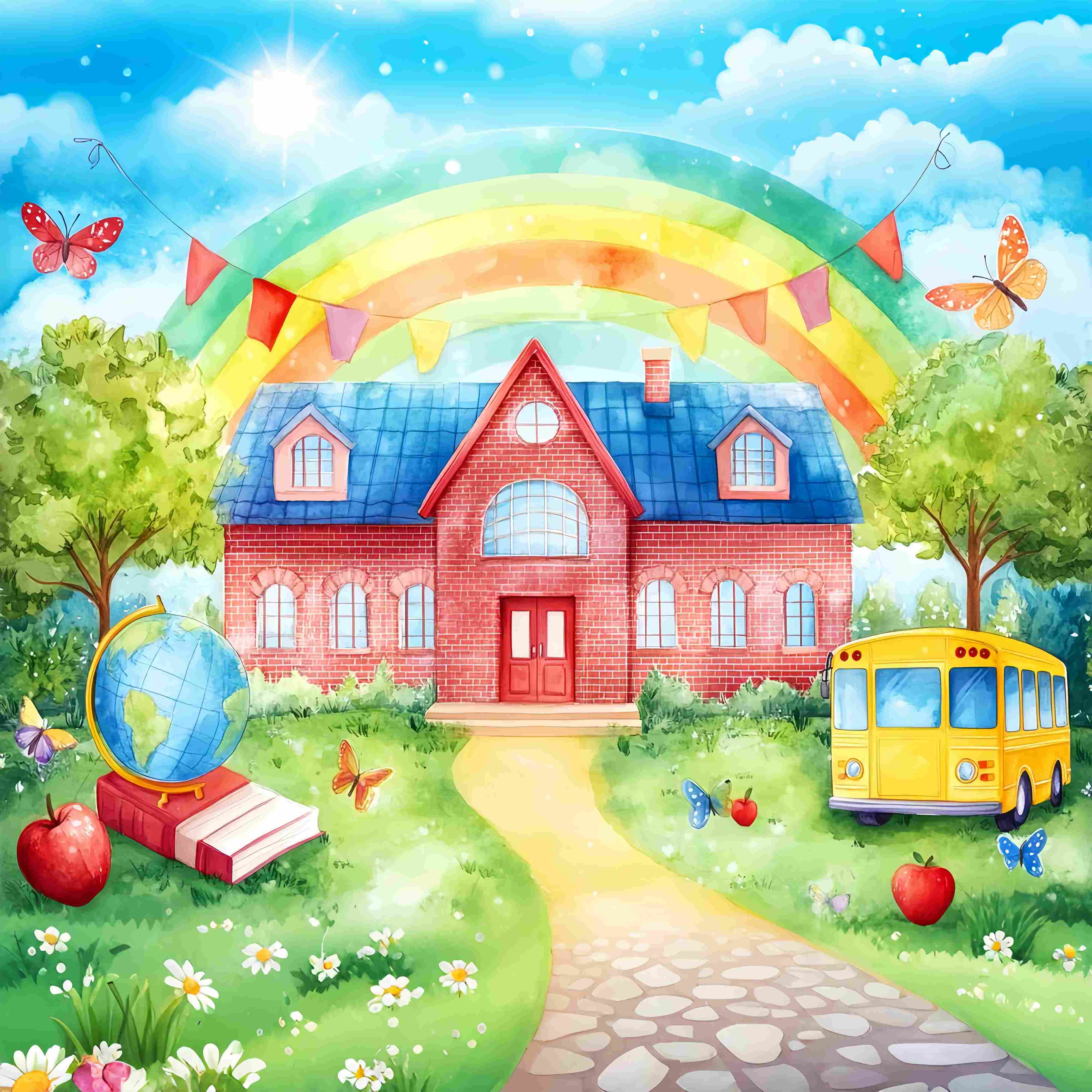 Toile de fond Photo Maternelle Mur en Brique Arc-en-Ciel Cour d’École Illustration Bus Idées Rentrée LXX58-127