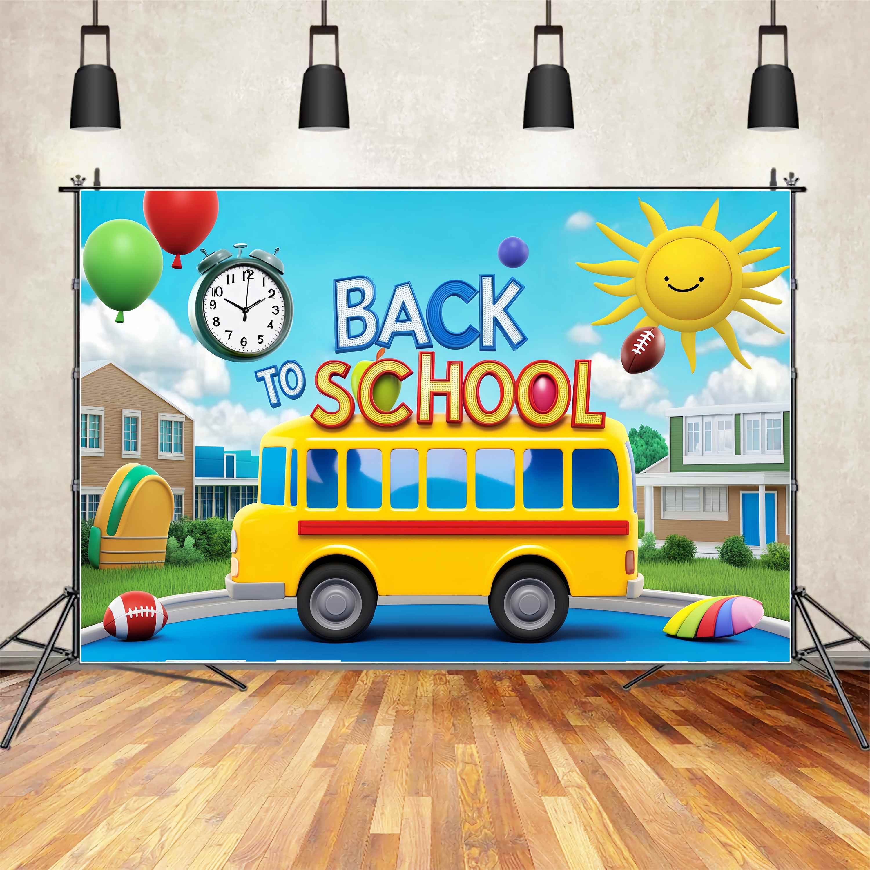 Toile de fond Bus Scolaire Dessin Animé Ludique Cour d’École Photo Rentrée LXX58-129