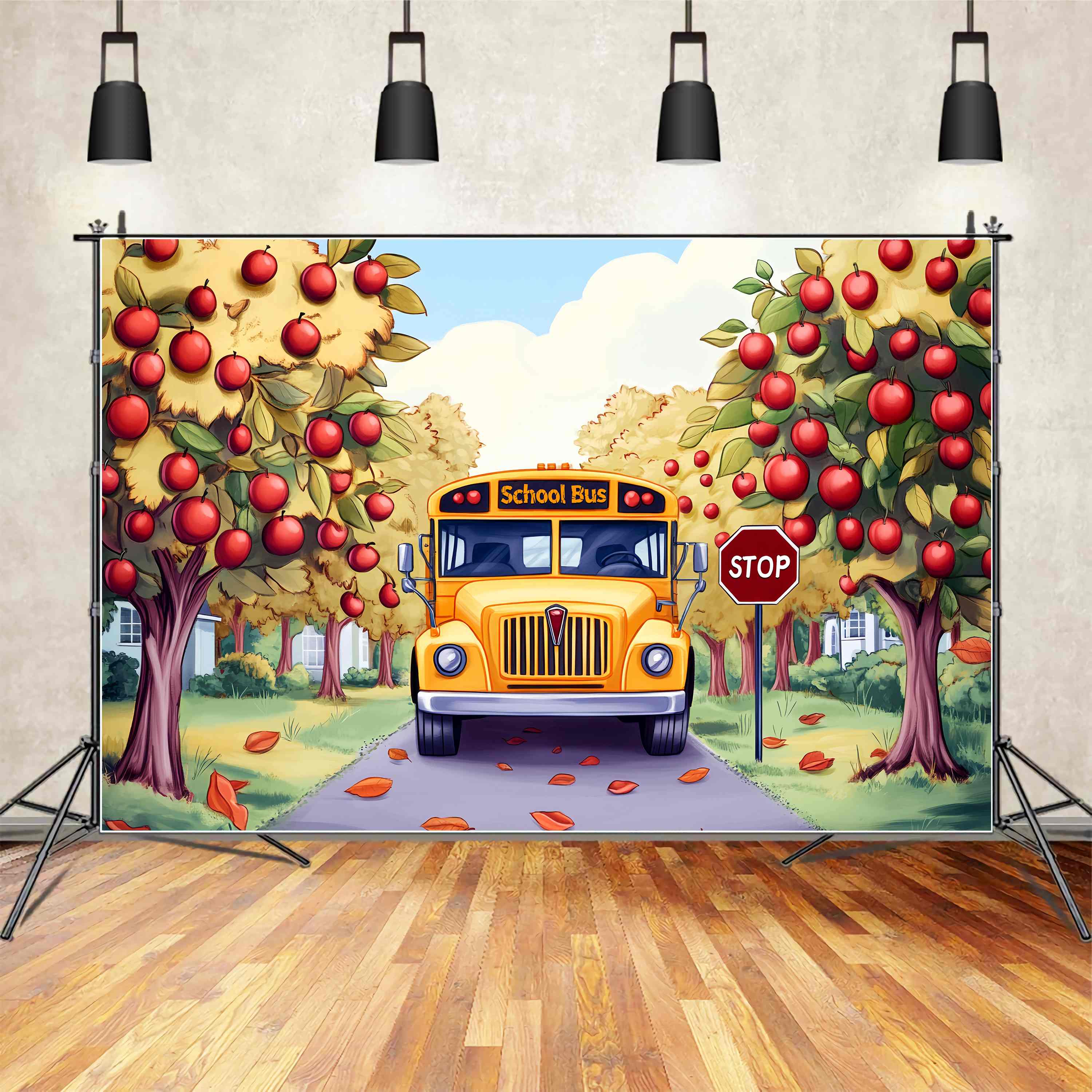 Toile de fond Bus Scolaire Verger de Pommes Automne Rentrée des Classes LXX58-130