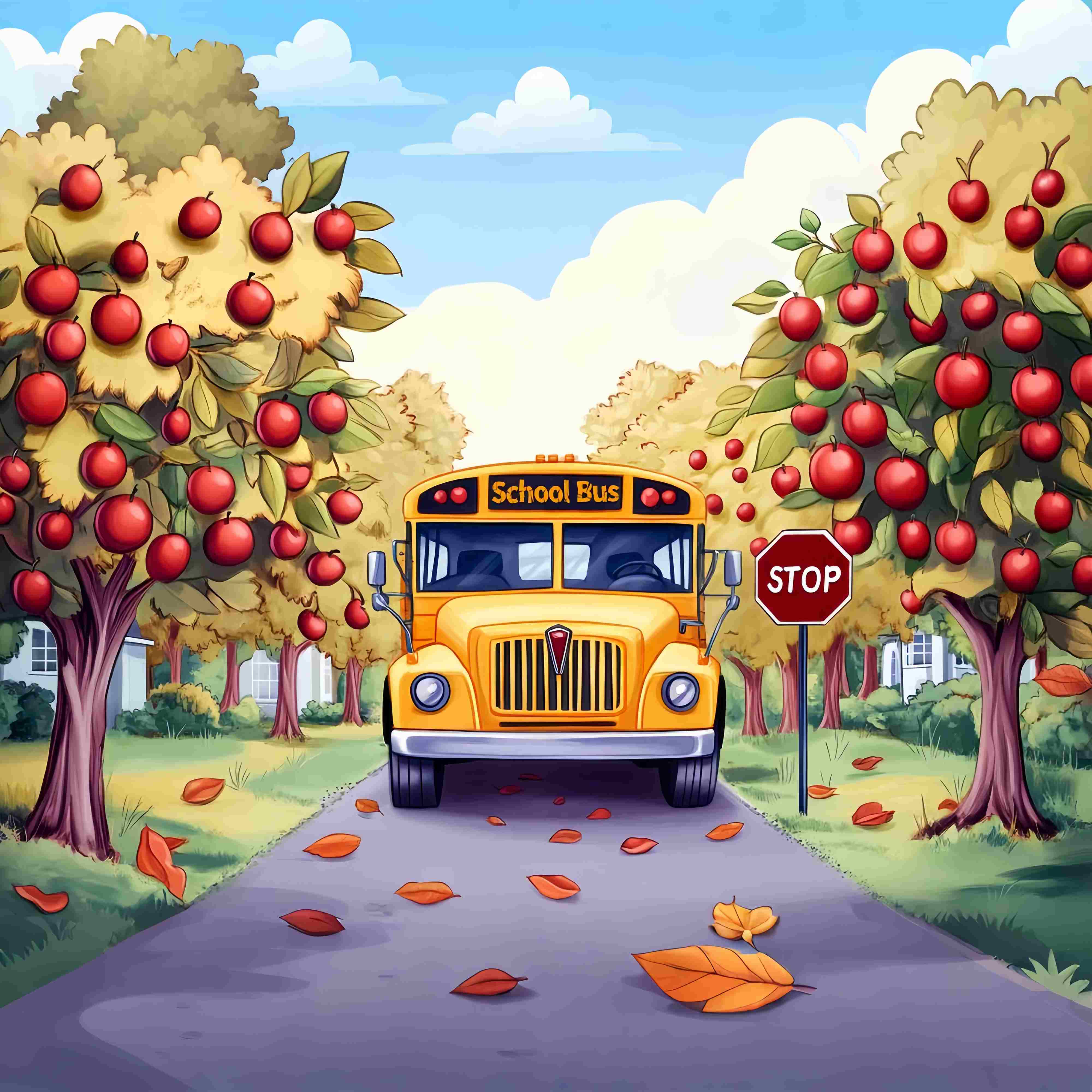Toile de fond Bus Scolaire Verger de Pommes Automne Rentrée des Classes LXX58-130