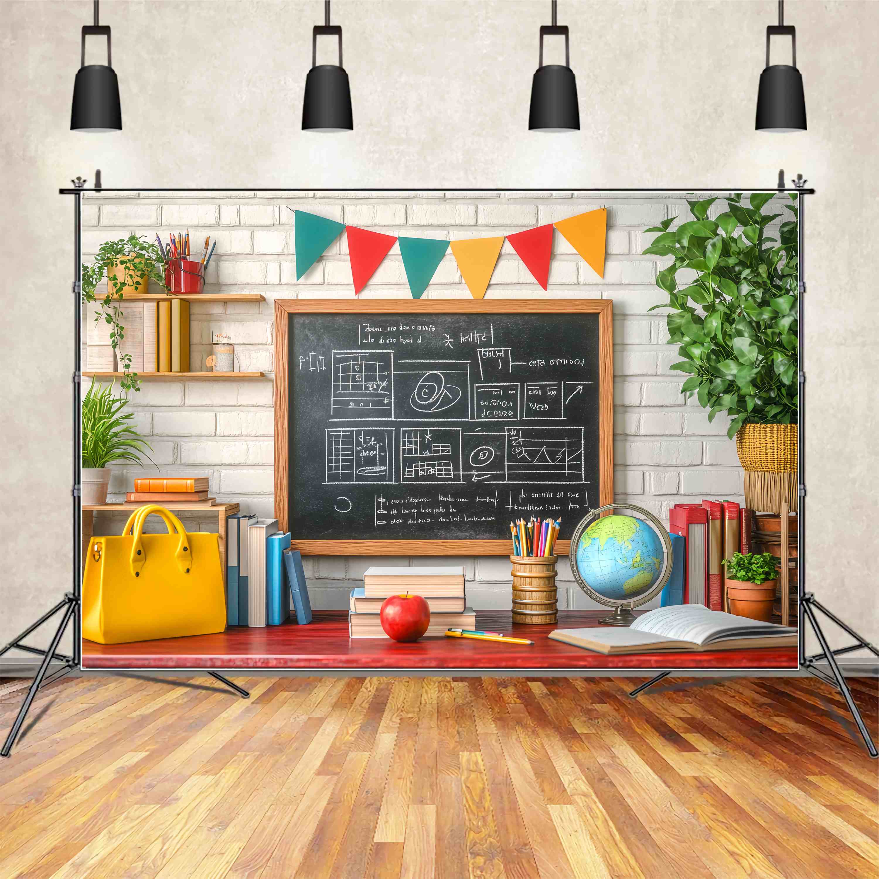 Toile de fond Tableau Noir Salle de Classe Livres Globe Plantes en Pot Photo Rentrée LXX58-133
