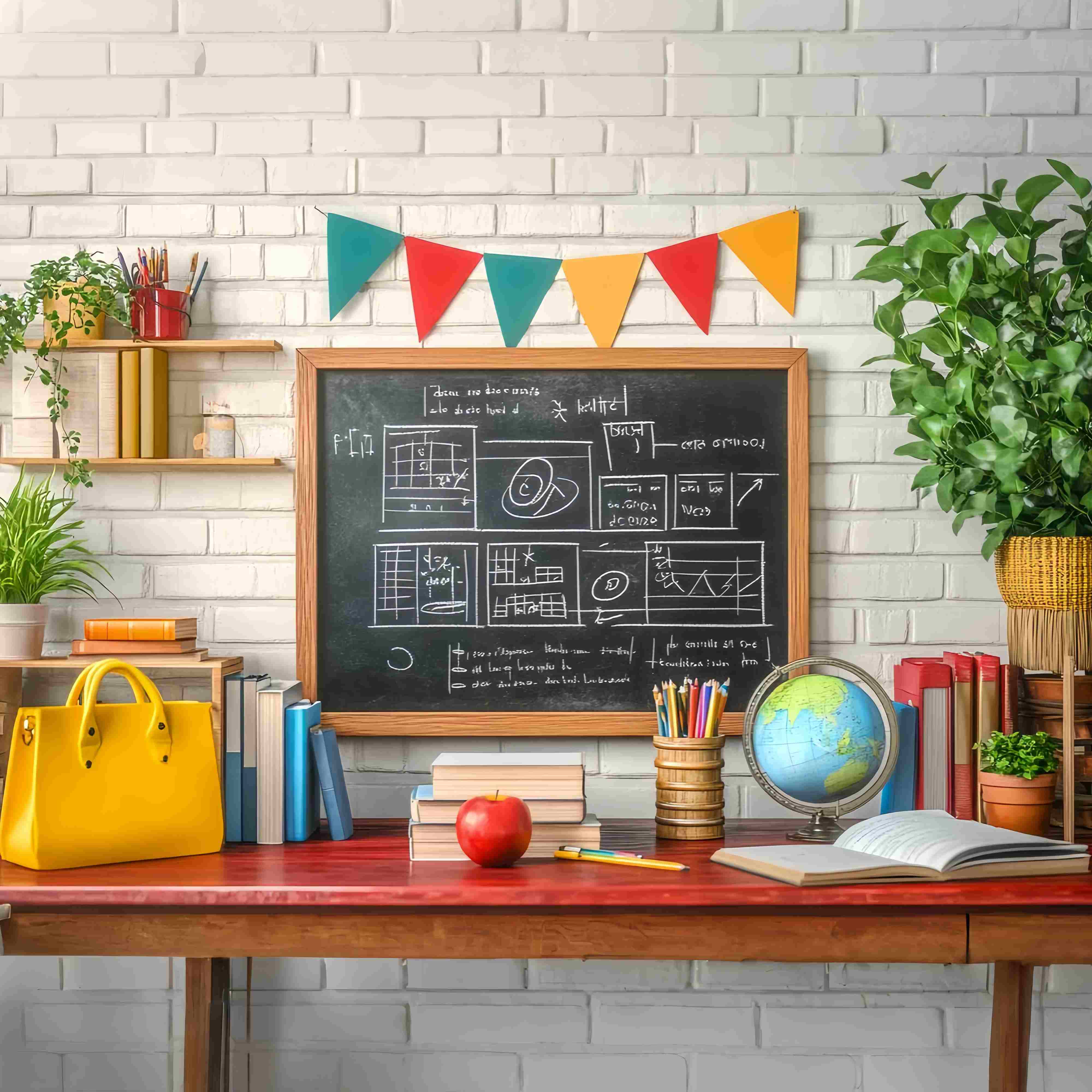 Toile de fond Tableau Noir Salle de Classe Livres Globe Plantes en Pot Photo Rentrée LXX58-133