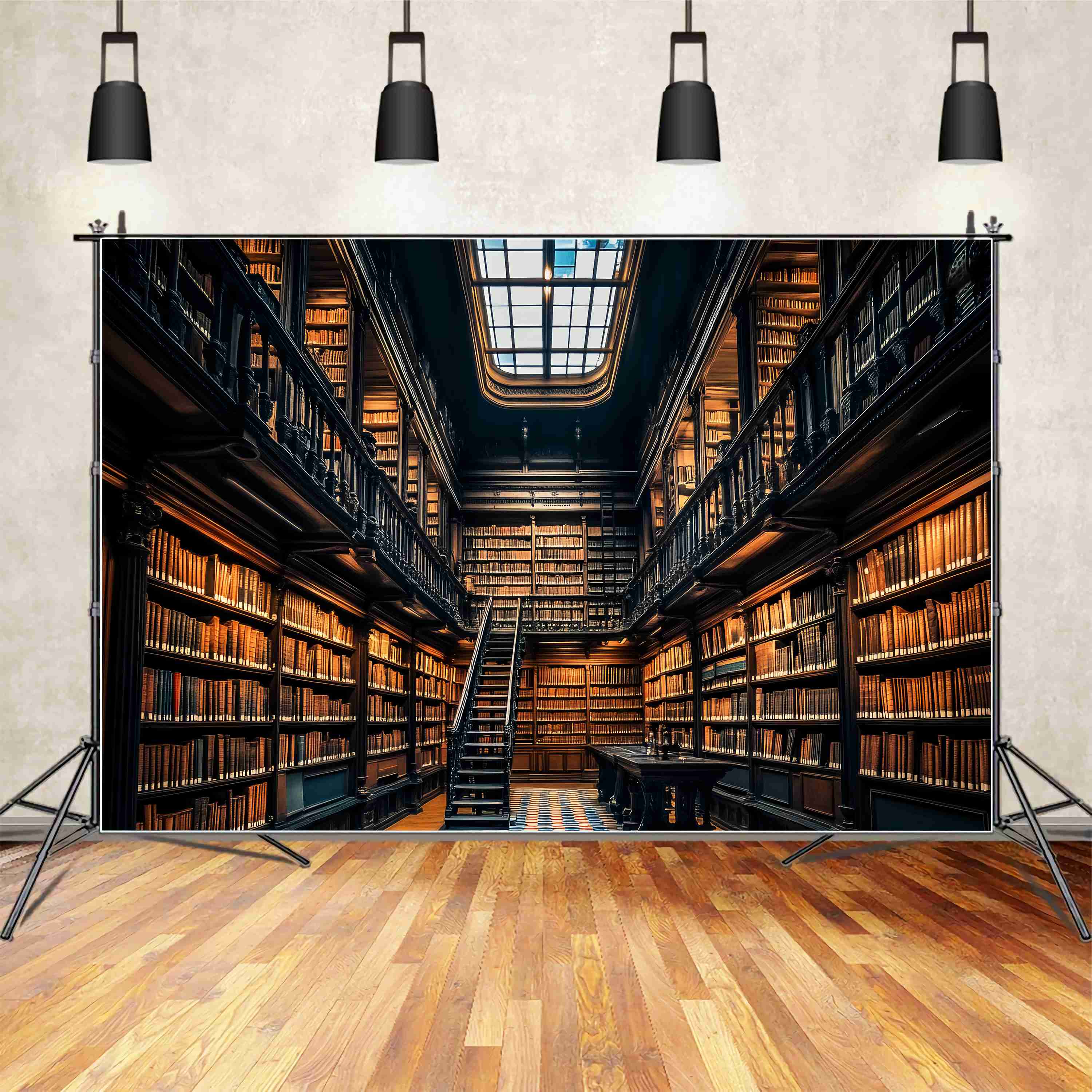 Toile de fond Couloir Scolaire Grande Bibliothèque Étagères en Bois Échelle Photographie Rentrée LXX58-135