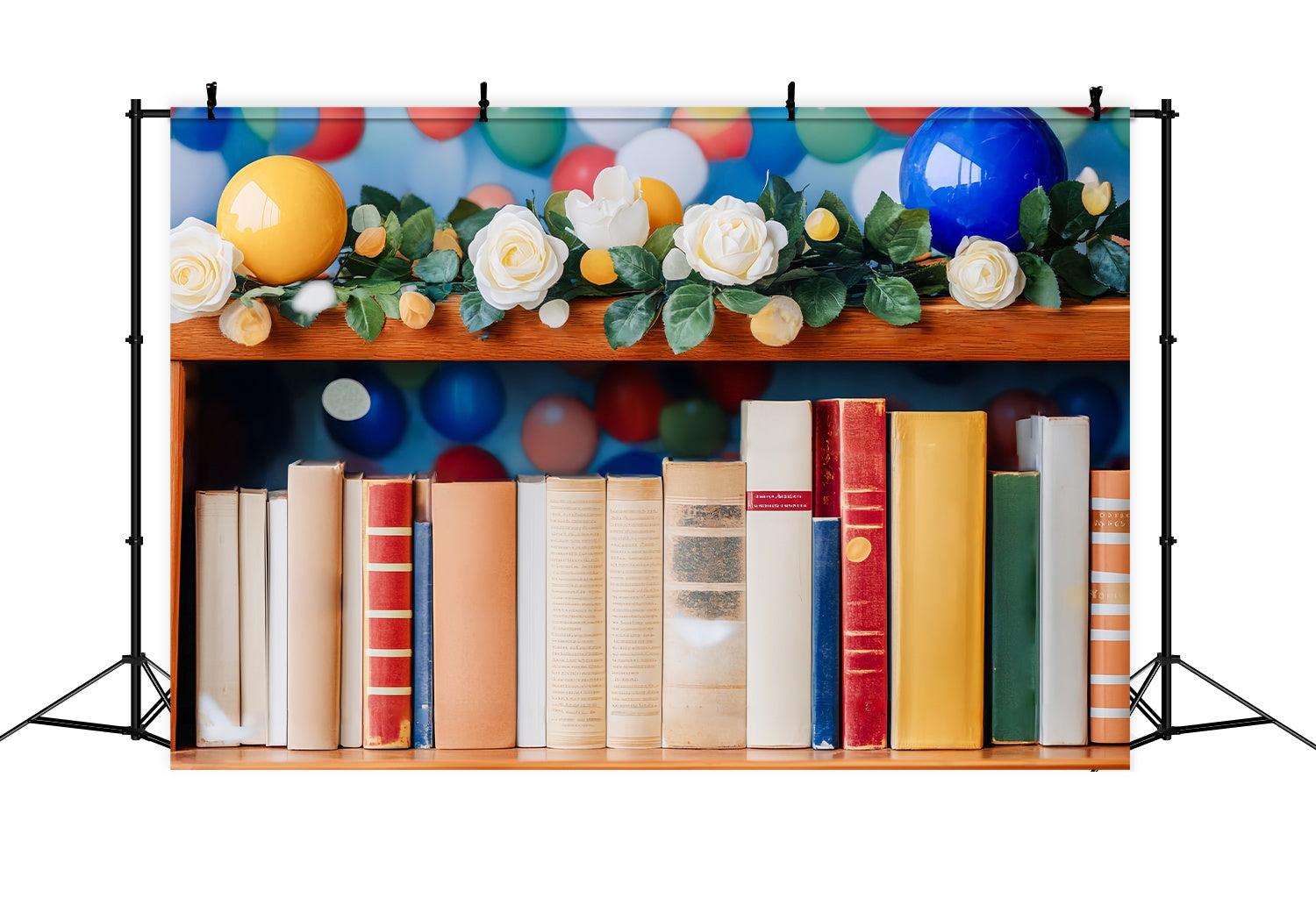 Toile de fond Maternelle Guirlande de Ballons Colorés Étagère à Livres Photo Rentrée LXX58-139