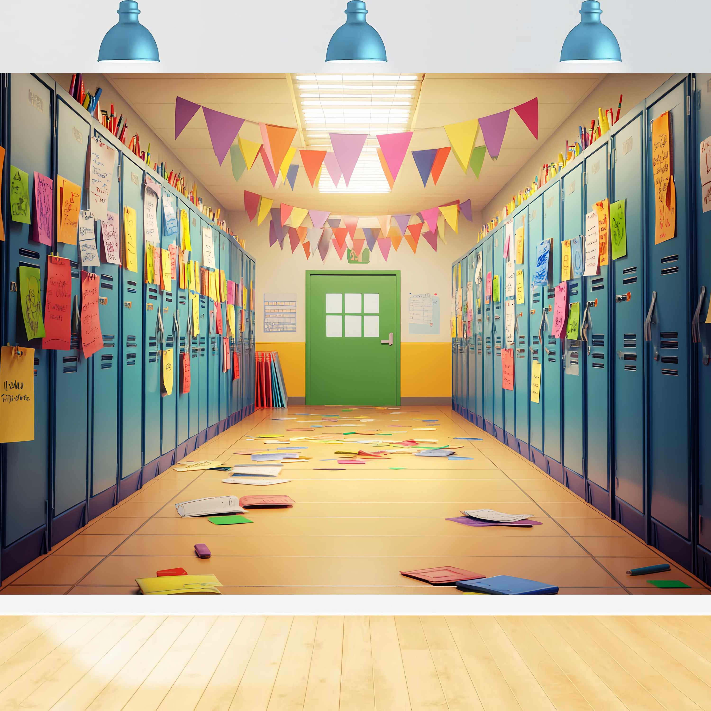 Toile de fond Couloir Scolaire Casiers Colorés Bannière Photo Rentrée LXX58-143