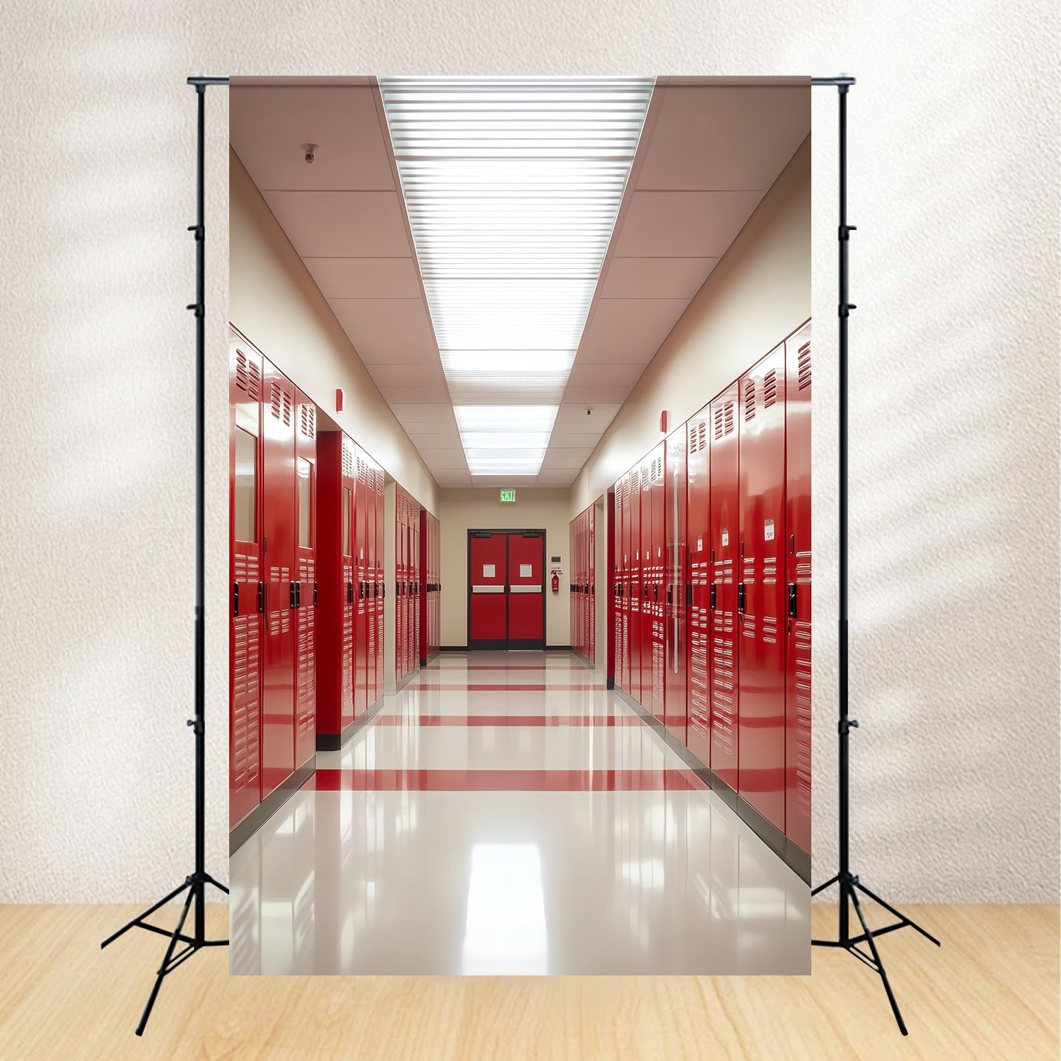 Toile de fond Couloir Scolaire Casiers Rouges Brillants Rentrée des Classes LXX58-146