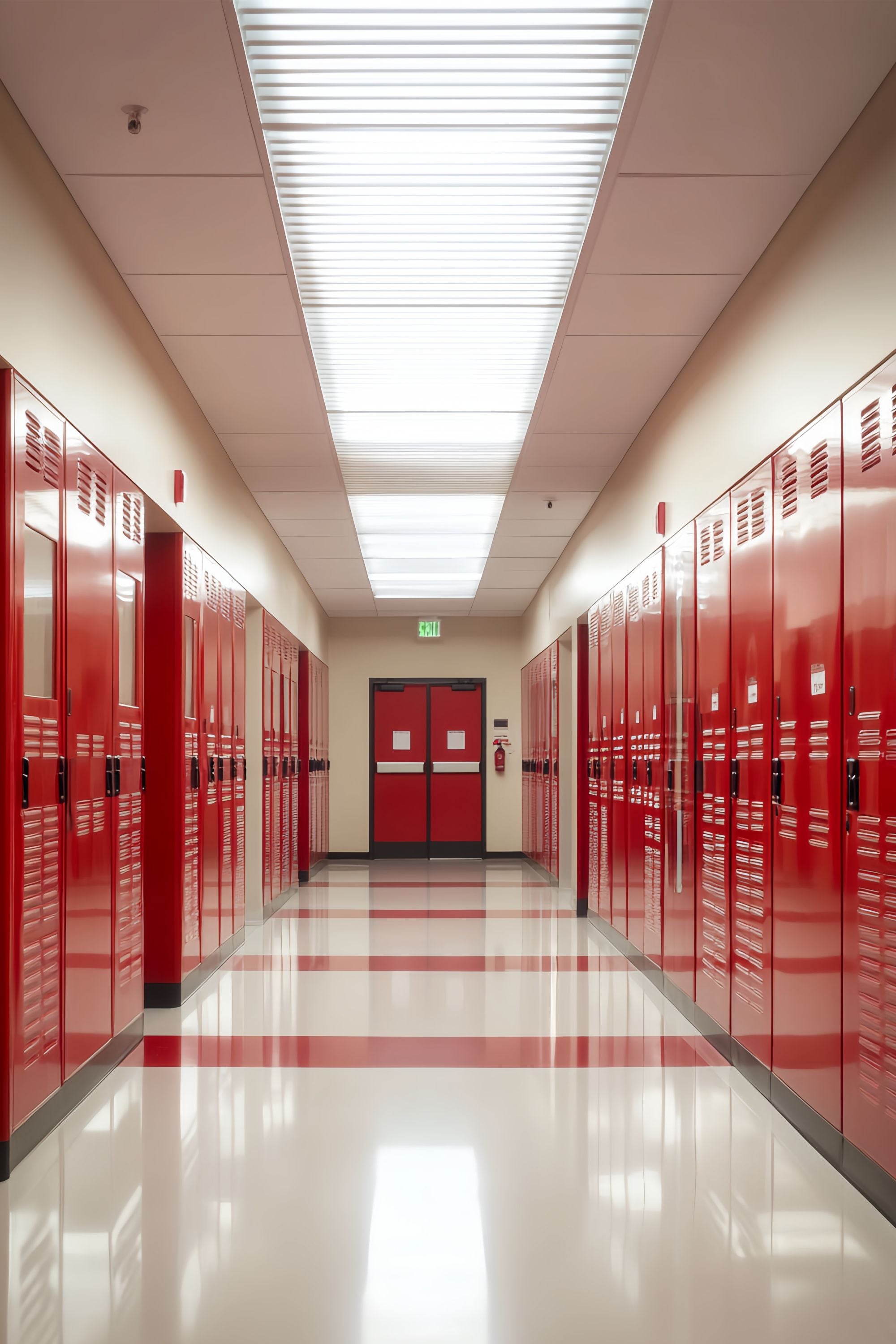 Toile de fond Couloir Scolaire Casiers Rouges Brillants Rentrée des Classes LXX58-146