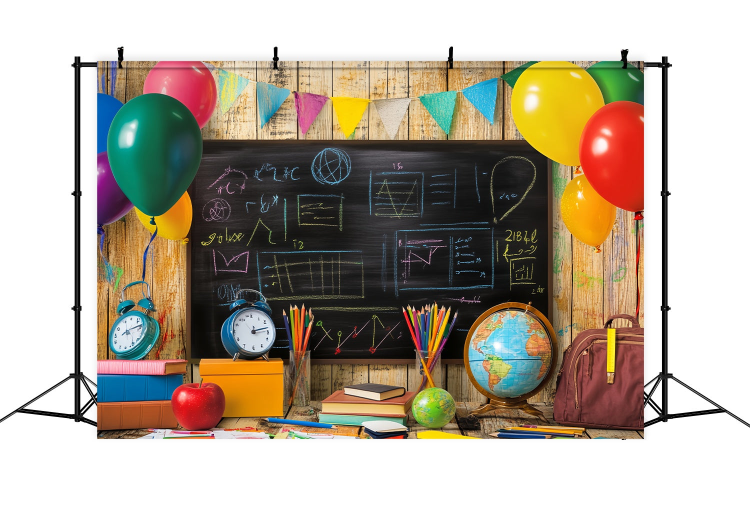 Toile de fond Tableau Noir Ballons Colorés Fournitures Scolaires Rentrée LXX58-149