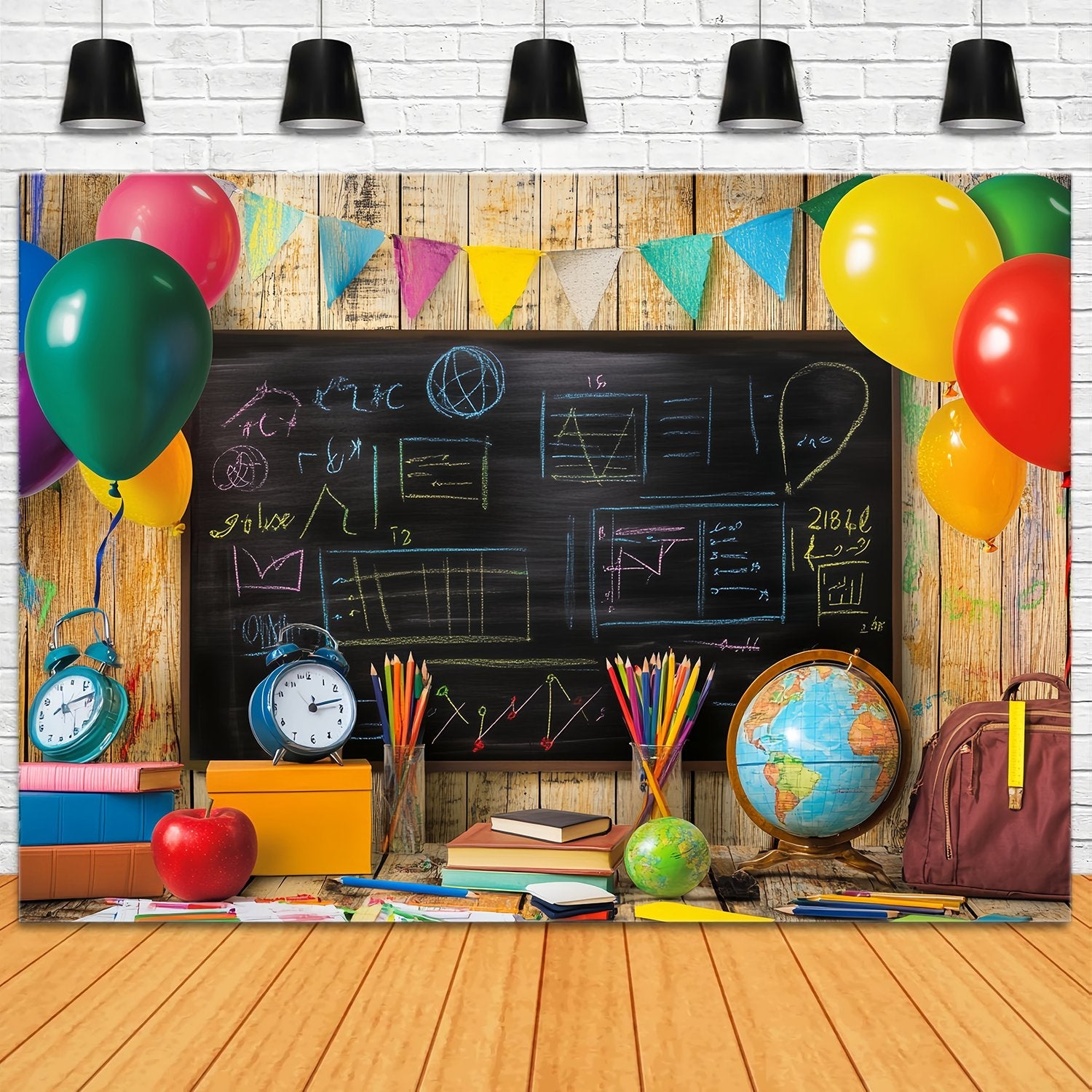 Toile de fond Tableau Noir Ballons Colorés Fournitures Scolaires Rentrée LXX58-149