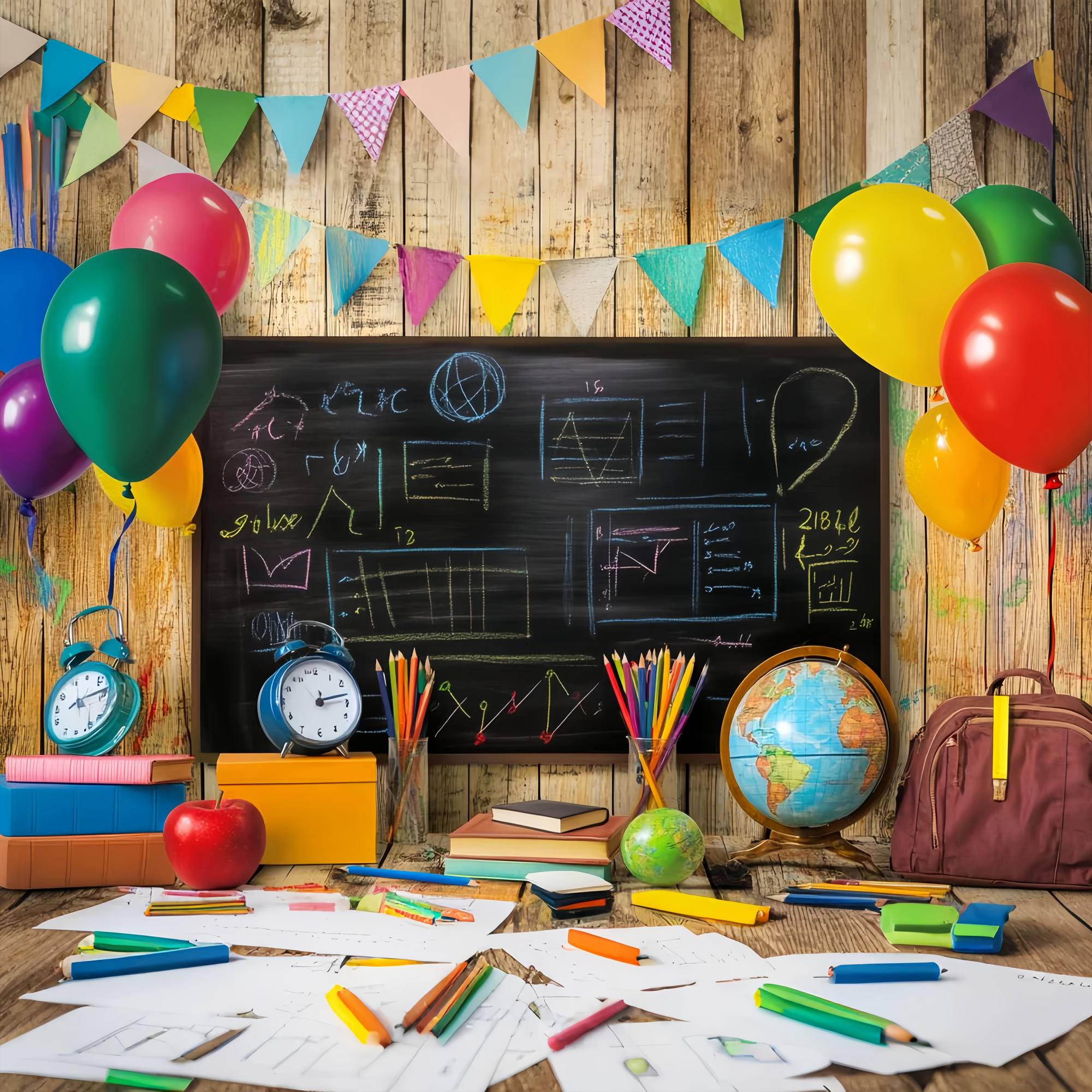 Toile de fond Tableau Noir Ballons Colorés Fournitures Scolaires Rentrée LXX58-149