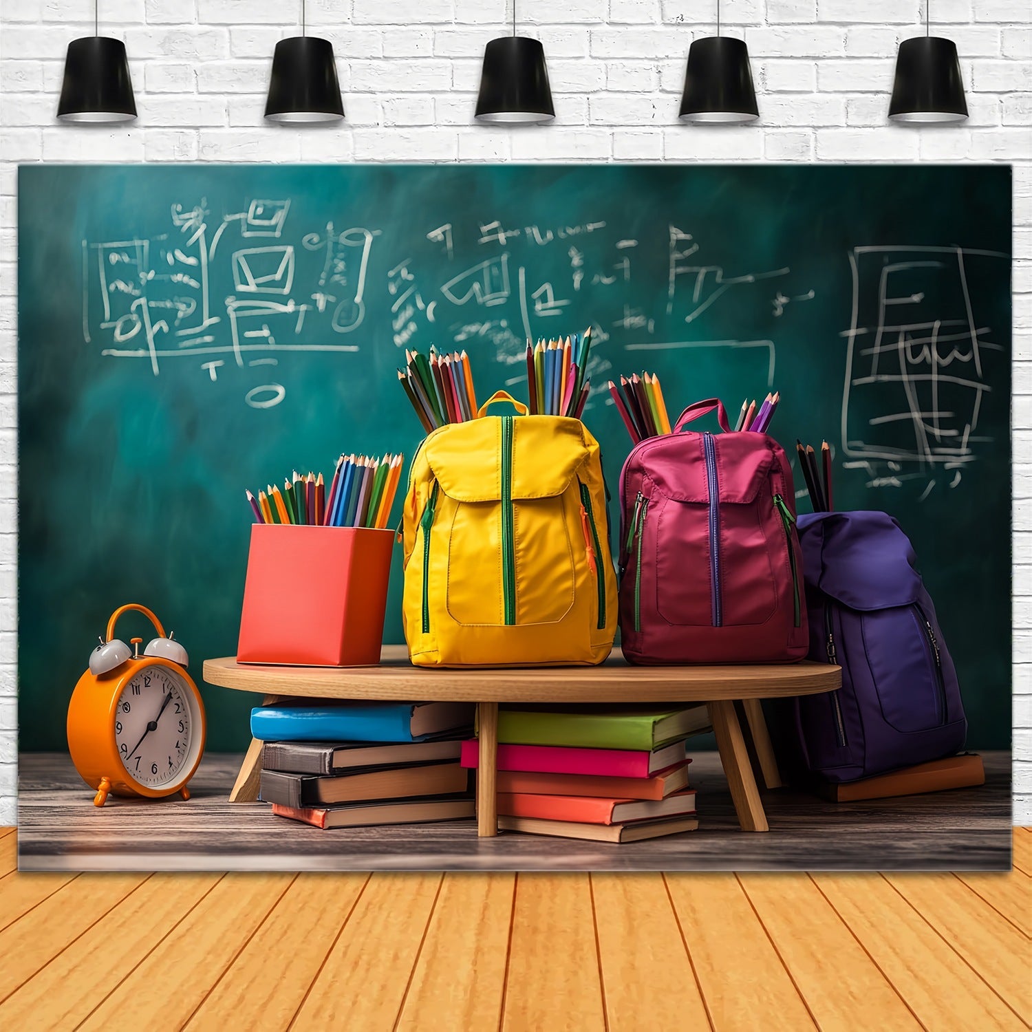 Toile de fond Salle de Classe Sacs à Dos Colorés Tableau Noir Rentrée LXX58-152