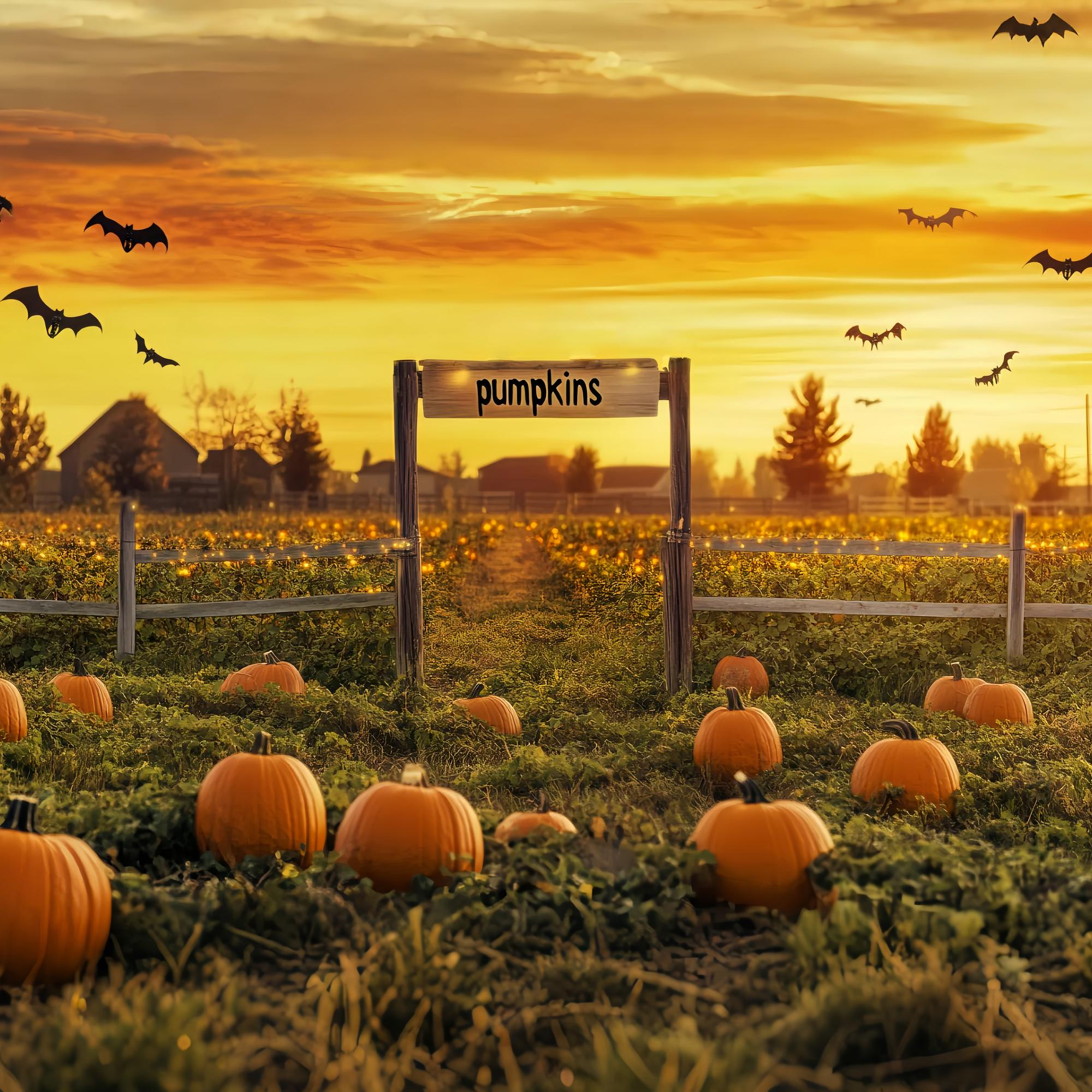 Fond Photo Automne Chauves-Souris Coucher Soleil Champ Citrouilles LXX58-164