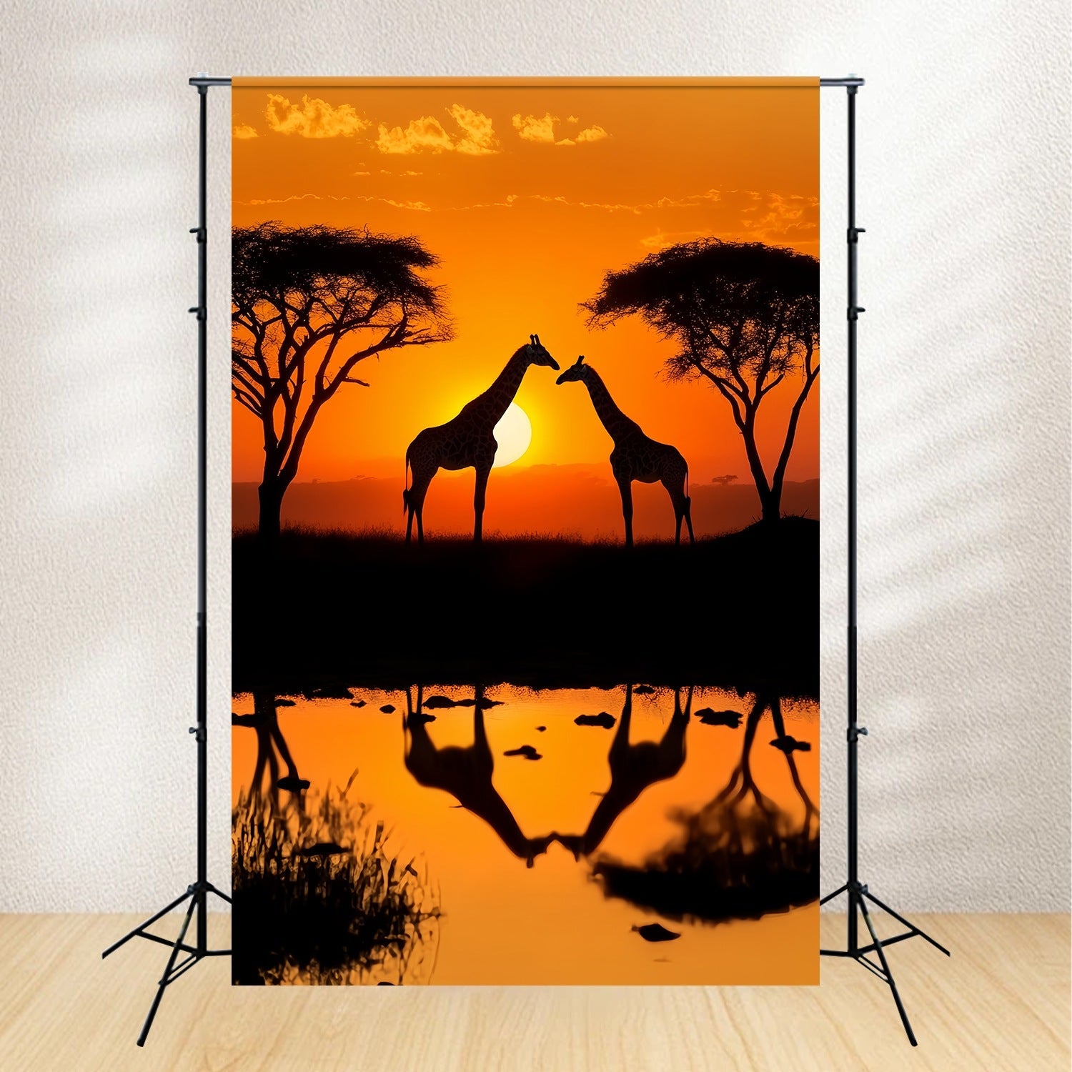Toile de fond Automne Réflexion Eau Girafe Coucher Soleil LXX58-175