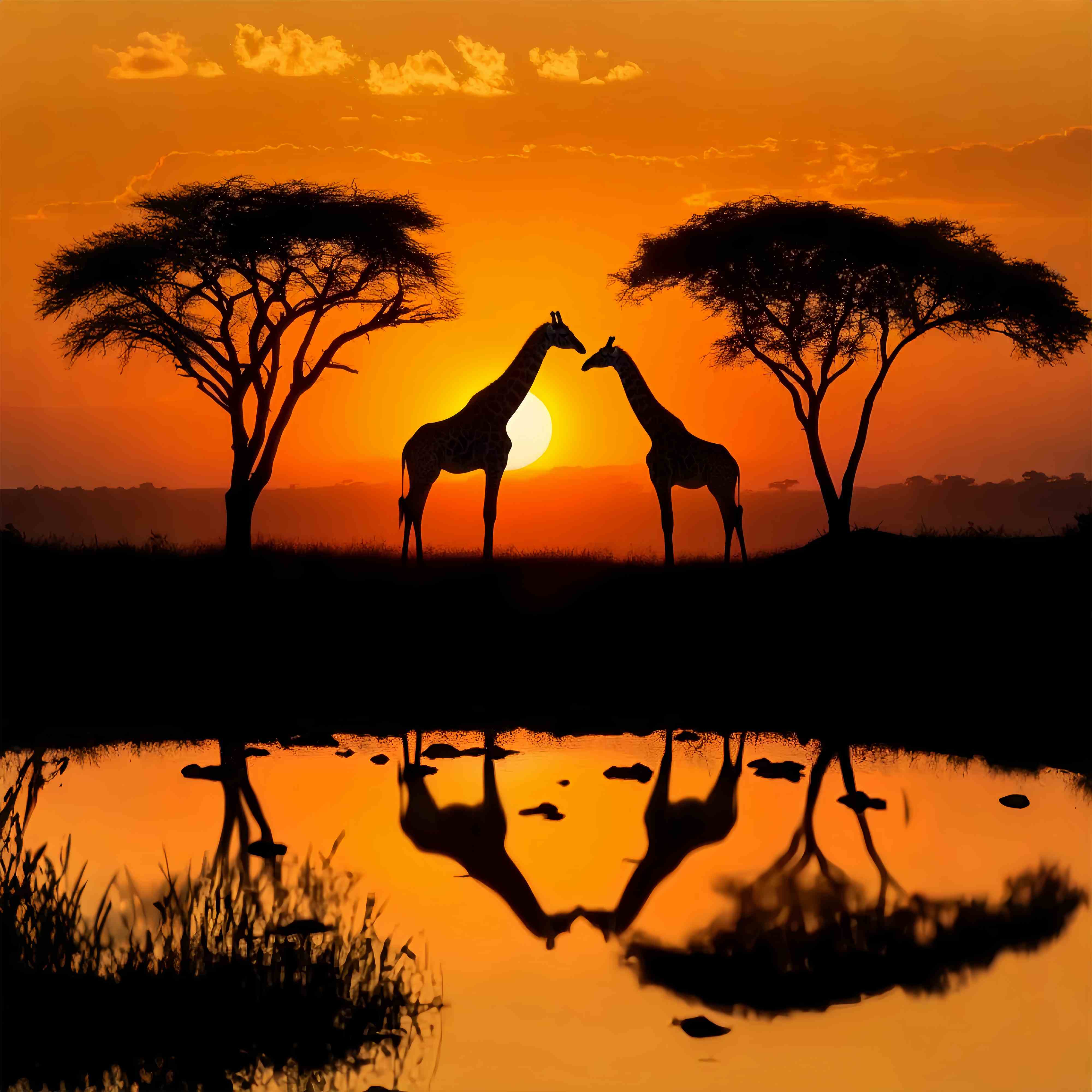 Toile de fond Automne Réflexion Eau Girafe Coucher Soleil LXX58-175