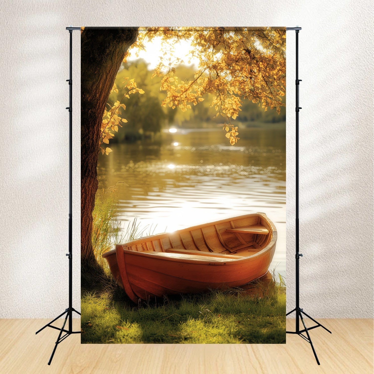 Toile de fond Automne Tranquillité Lac Doré Barque LXX58-180