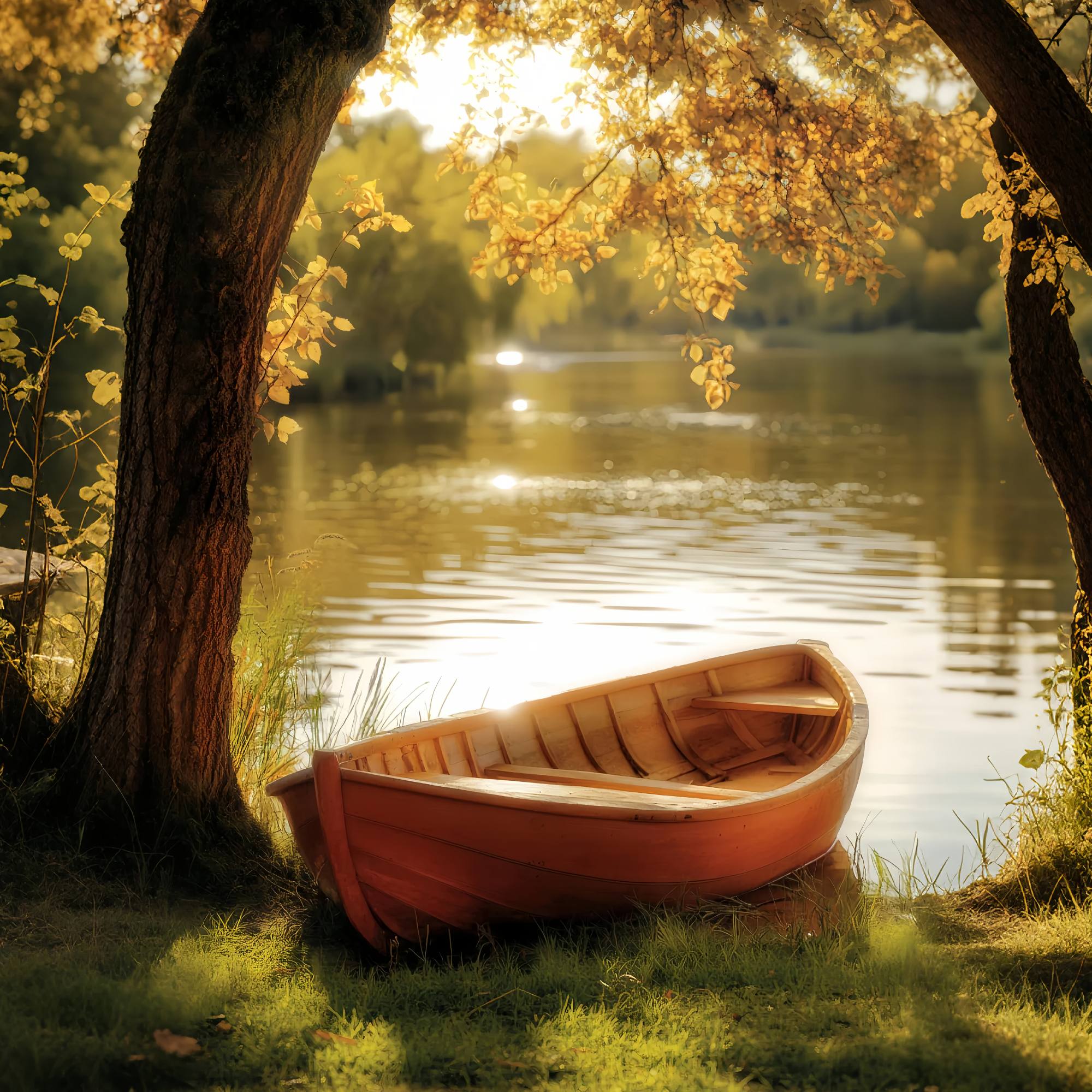 Toile de fond Automne Tranquillité Lac Doré Barque LXX58-180
