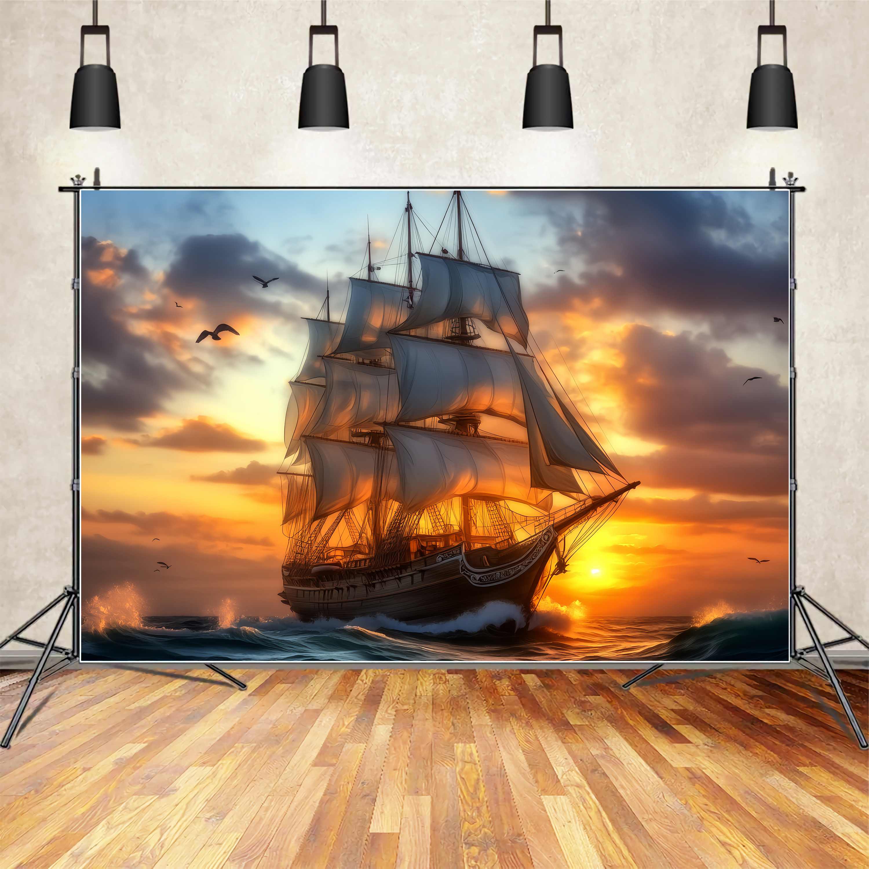 Toile de fond Automne Voyage Coucher Soleil Grand Voilier Majestueux LXX58-184