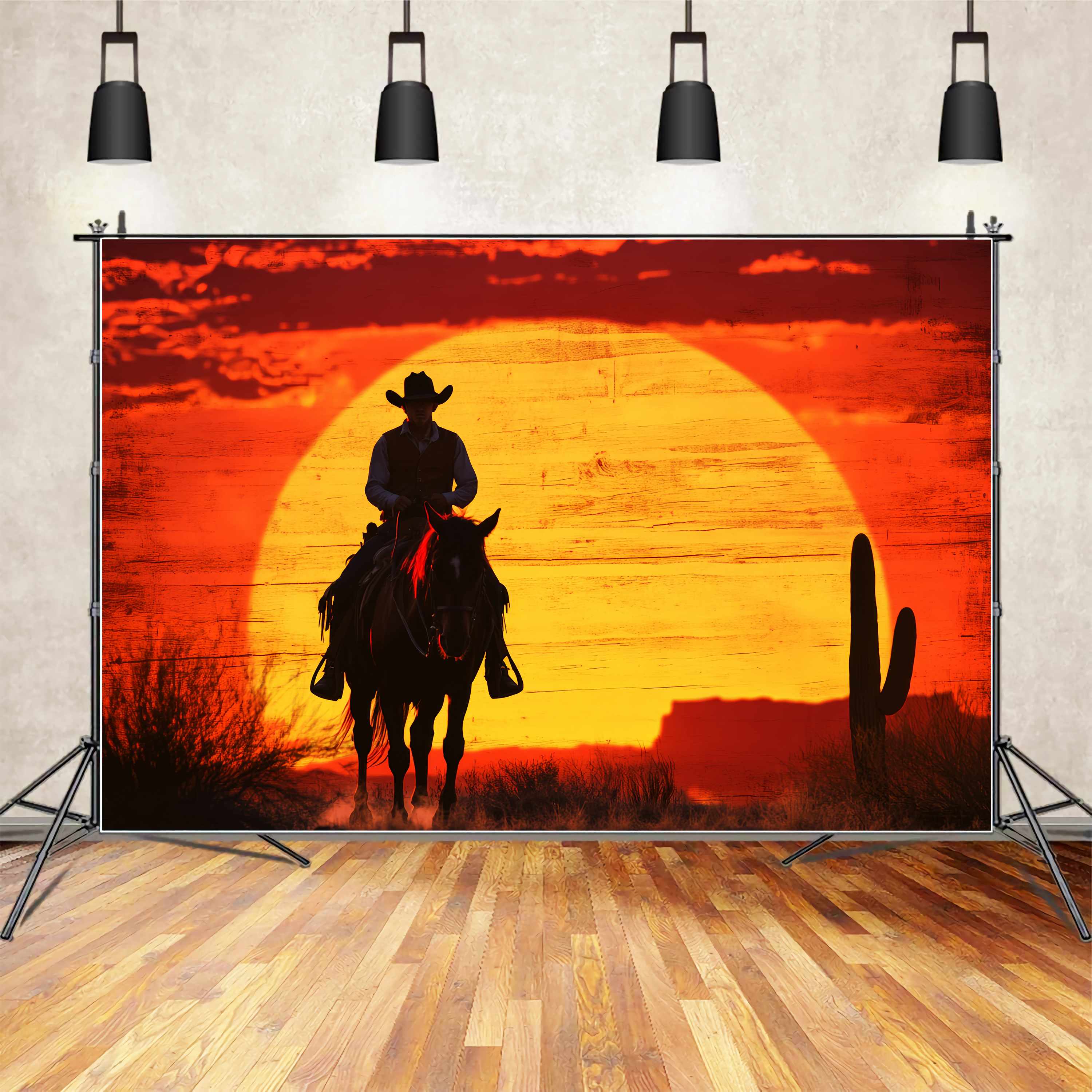 Toile de fond Automne Silhouette Cowboy Coucher Soleil Enflammé LXX58-186
