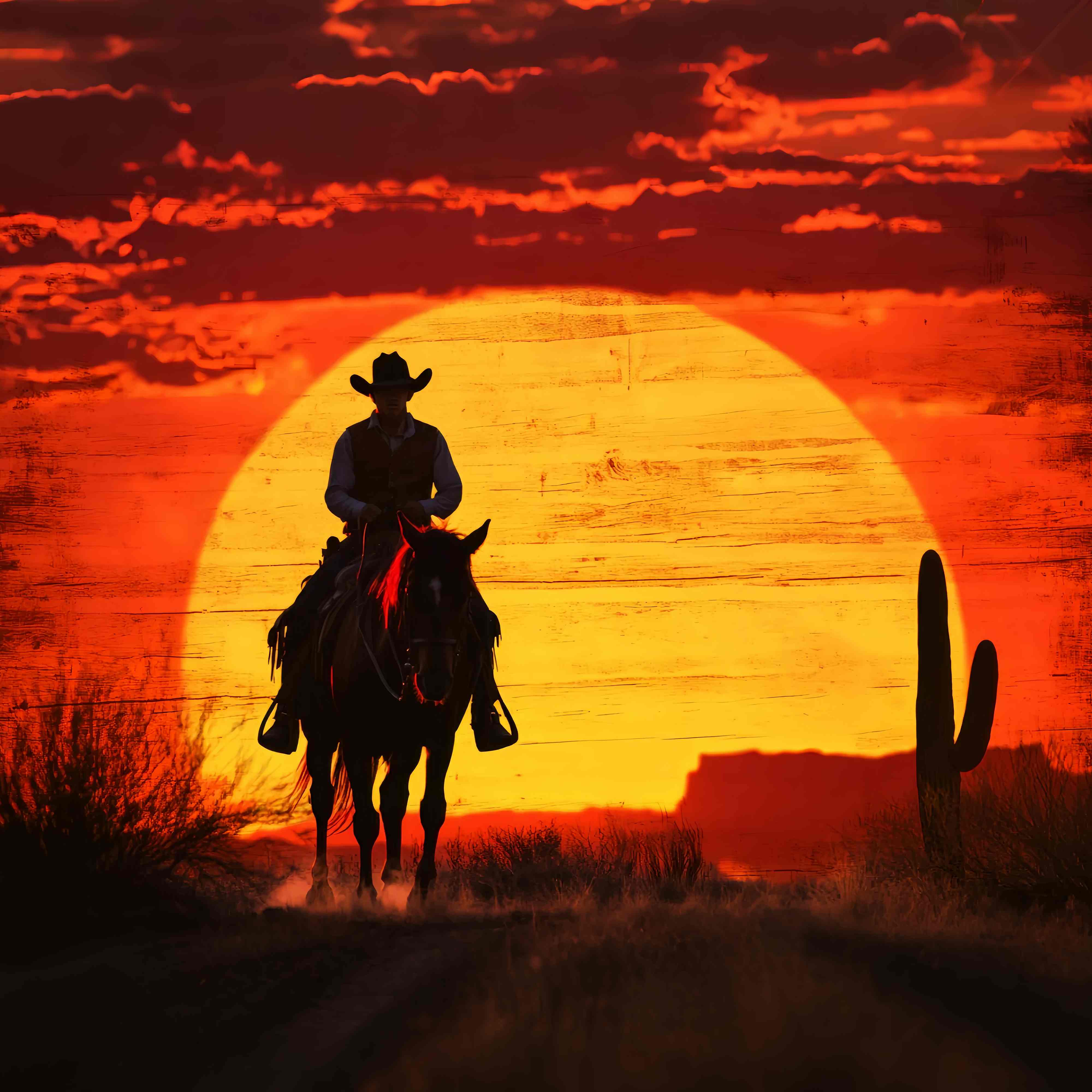 Toile de fond Automne Silhouette Cowboy Coucher Soleil Enflammé LXX58-186