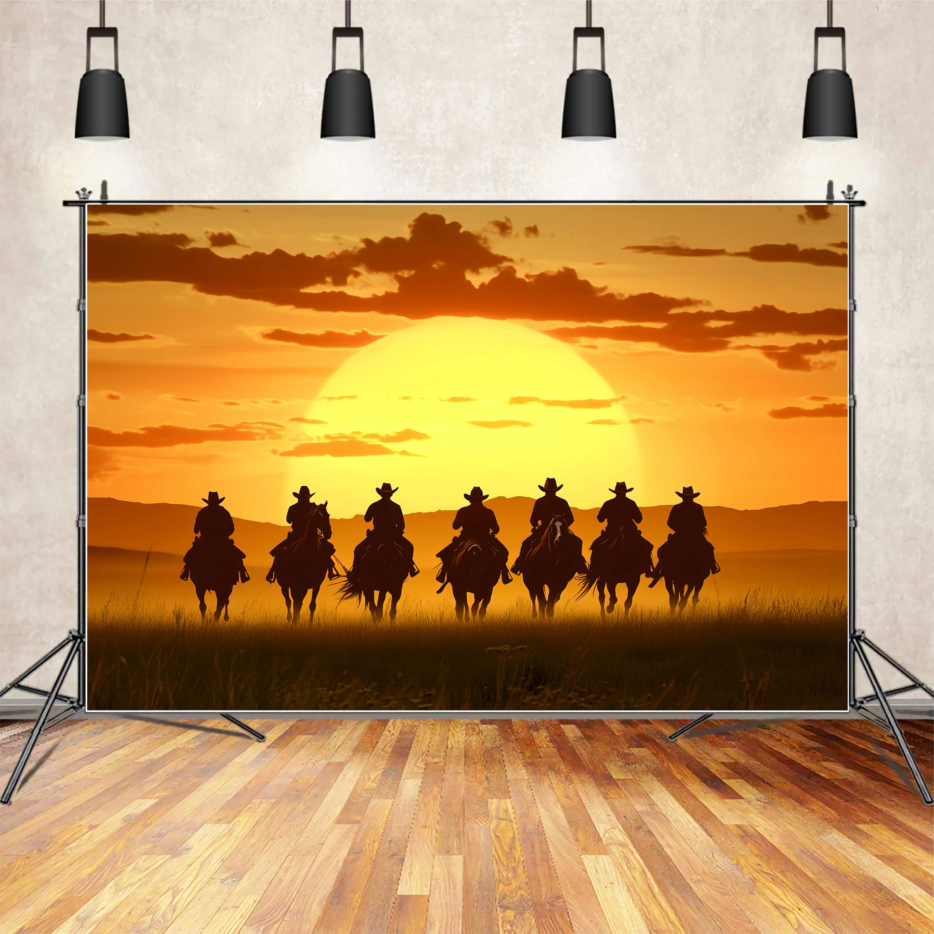 Toile de fond Automne Silhouettes Cavaliers Horizon Doré LXX58-187
