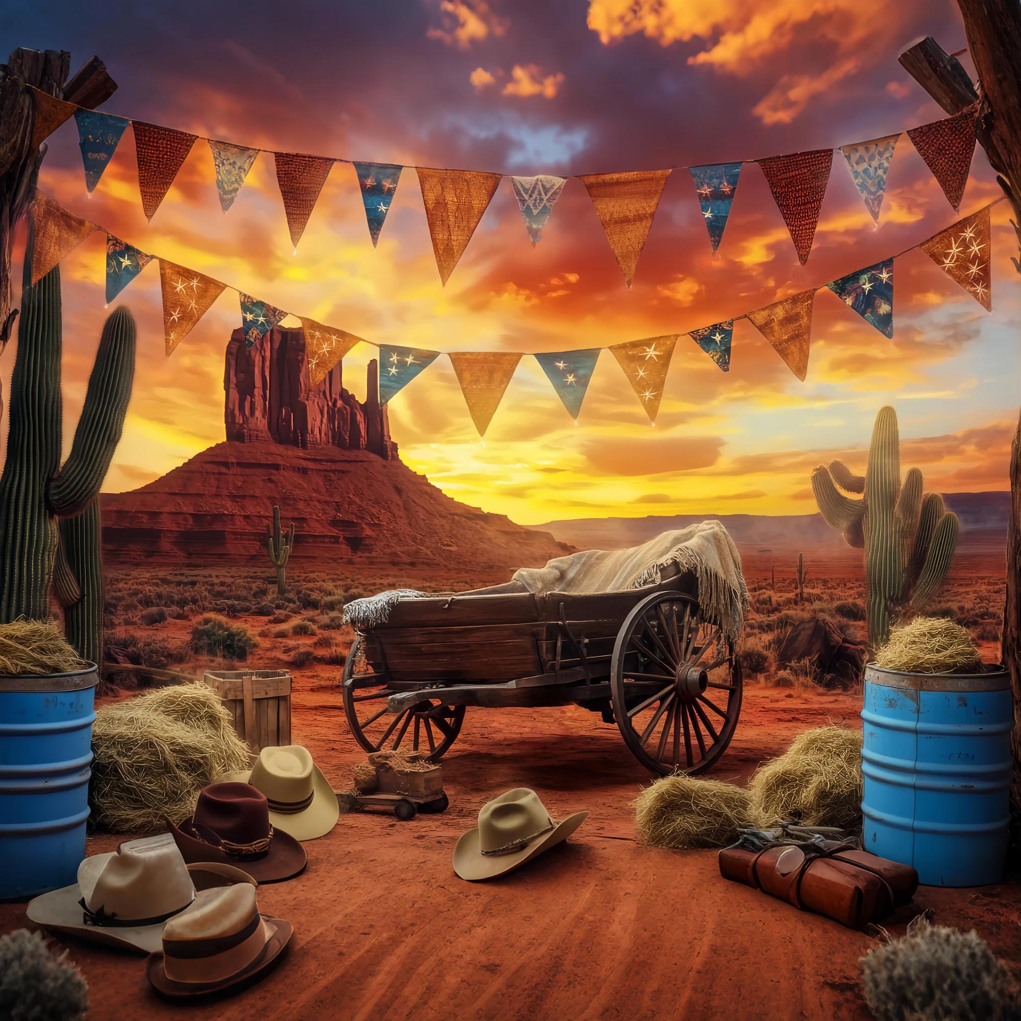 Toile de fond Photo Automne Cactus Chariot Désert Coucher Soleil LXX58-190