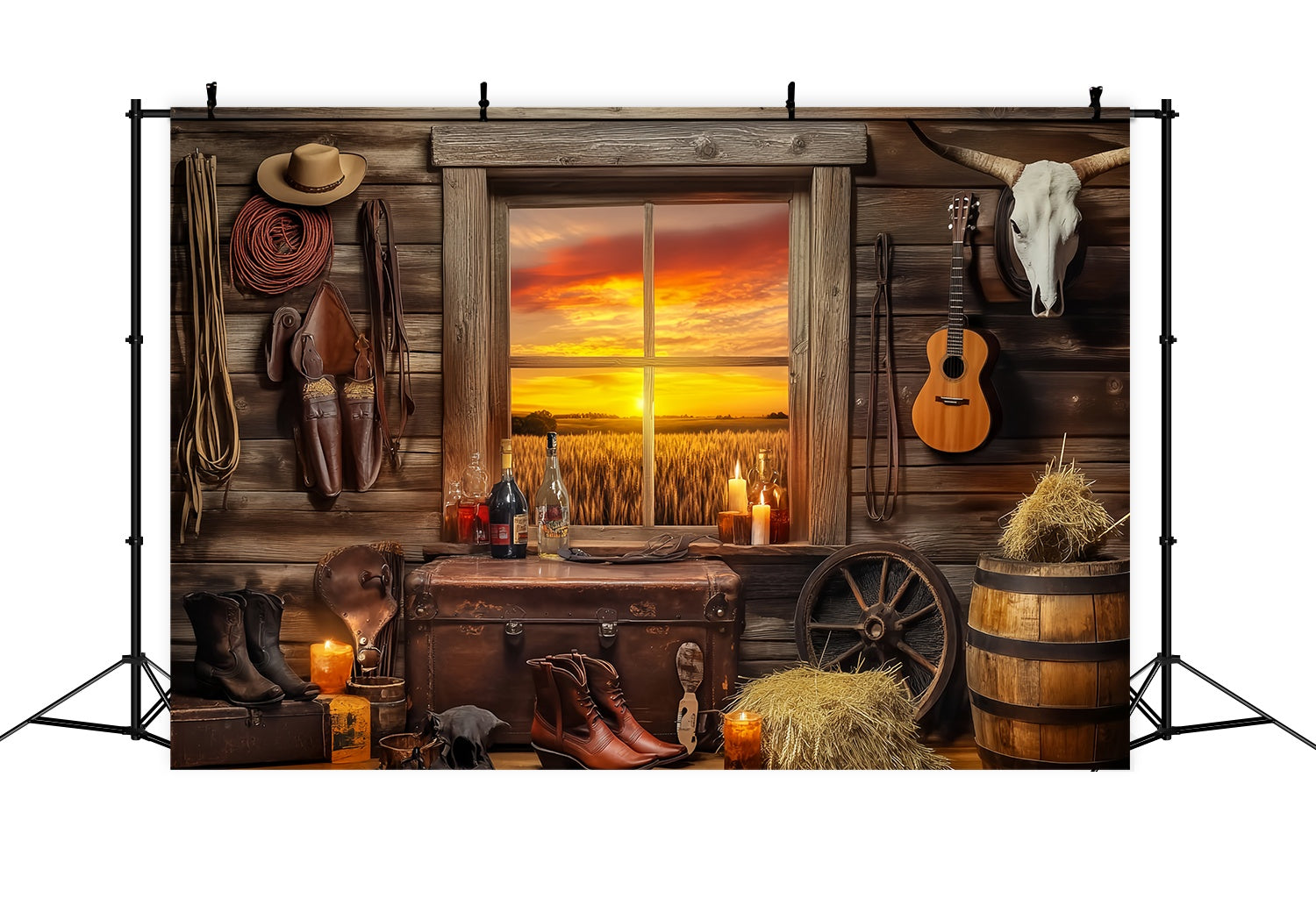 Toile de fond Photo Automne Fenêtre Cabane Rustique Coucher Soleil LXX58-191