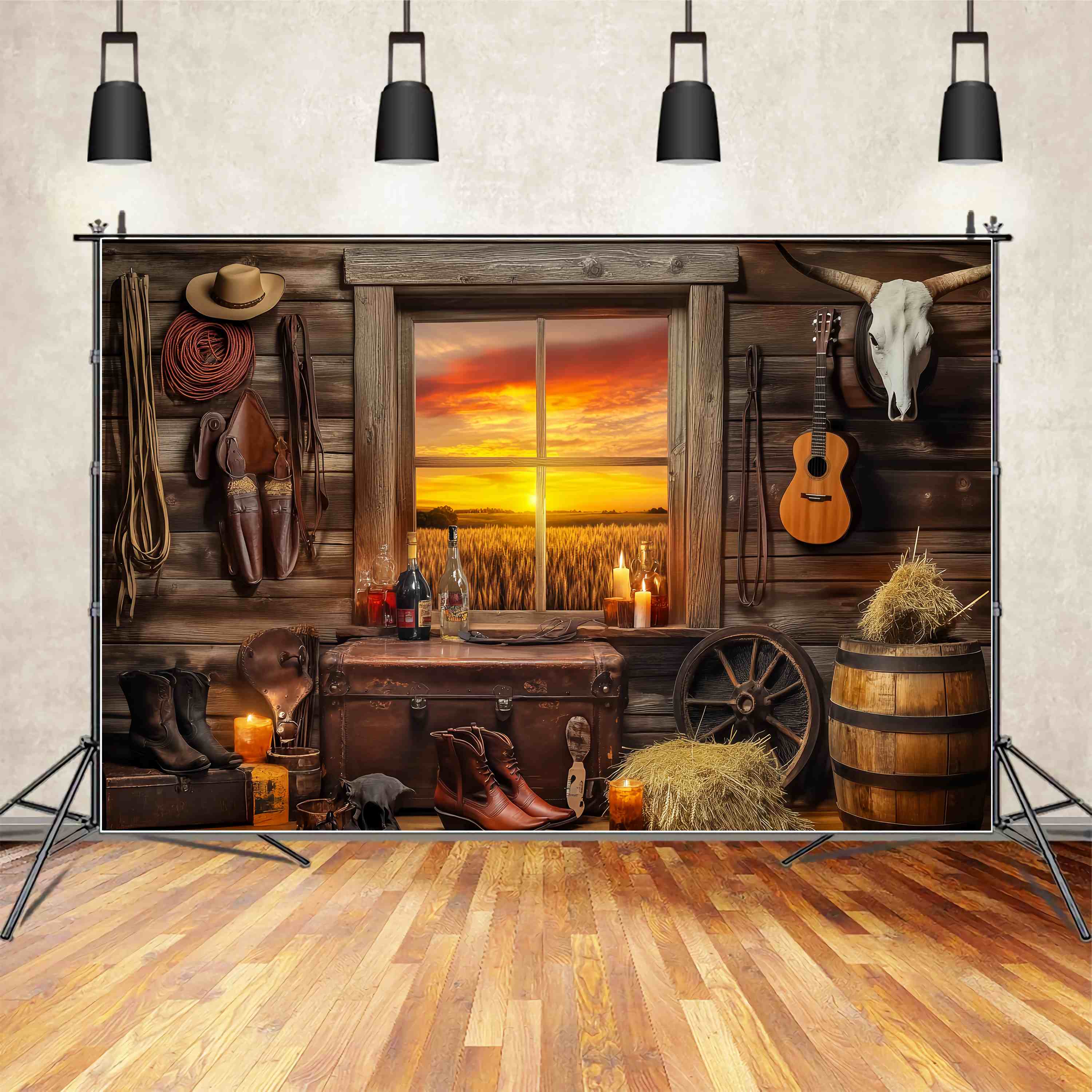 Toile de fond Photo Automne Fenêtre Cabane Rustique Coucher Soleil LXX58-191