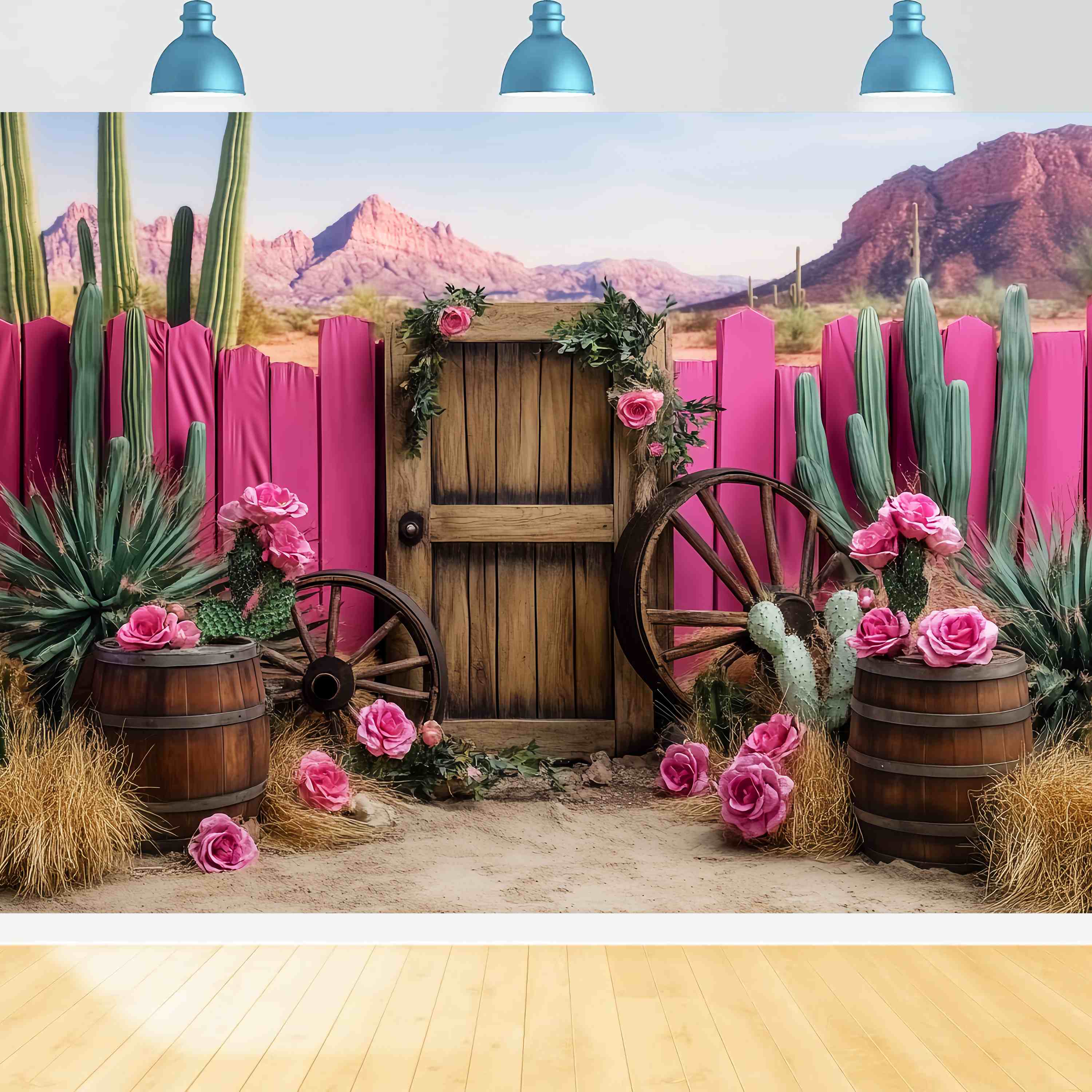 Toile de fond Photo Automne Décor Roue Chariot Cactus Rose LXX58-198