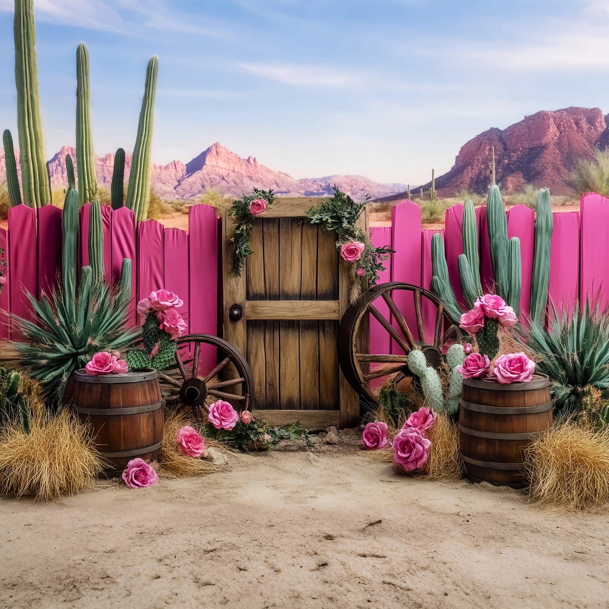 Toile de fond Photo Automne Décor Roue Chariot Cactus Rose LXX58-198
