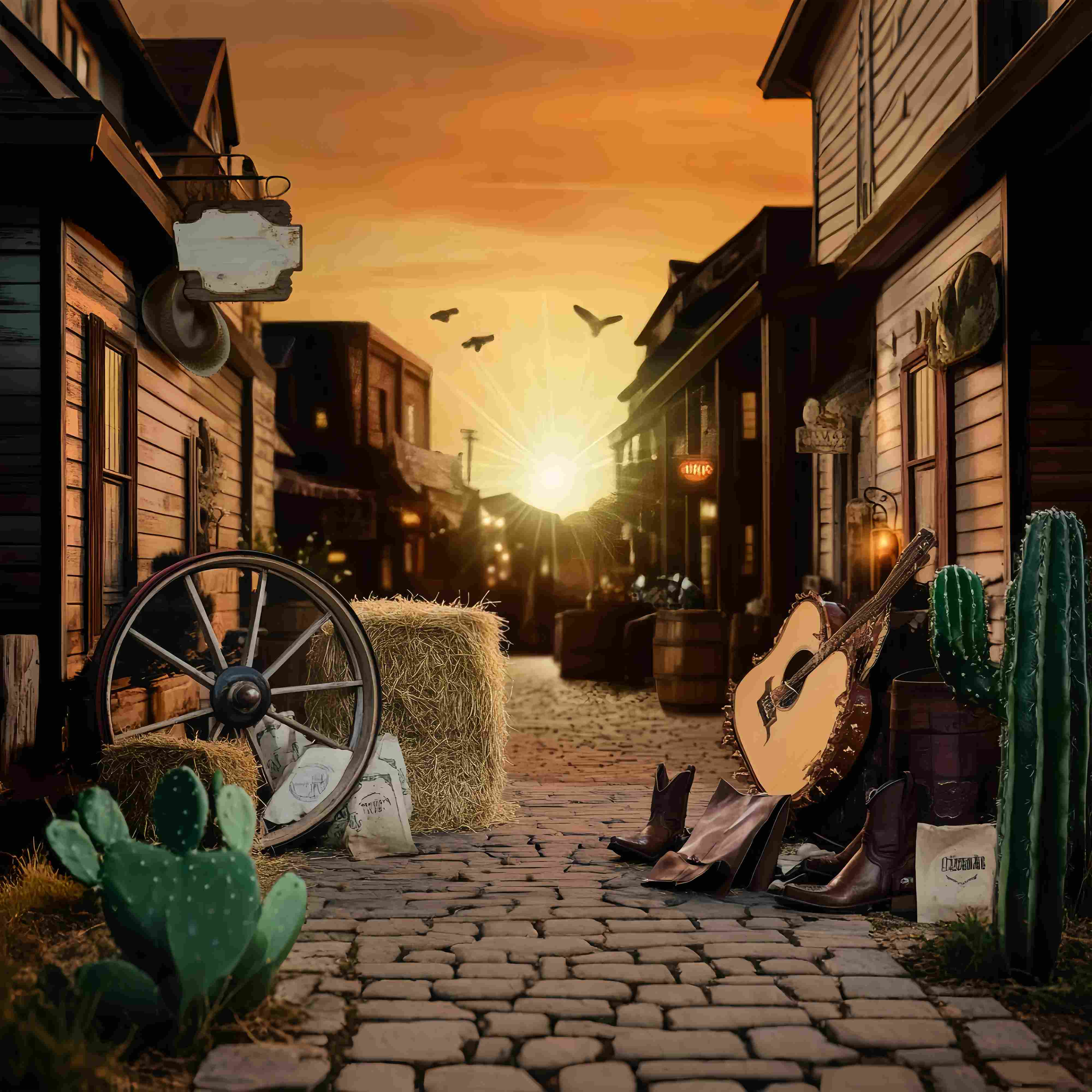 Toile de fond Photo Automne Guitare Rue Western Coucher Soleil LXX58-204