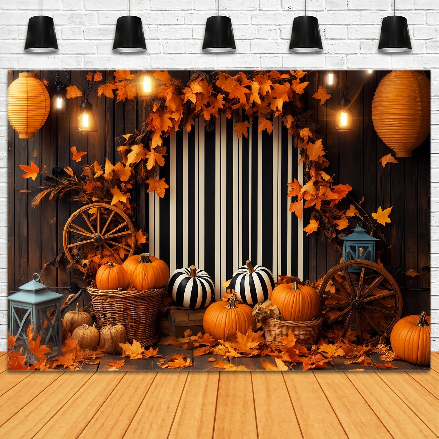 Toile de fond Photo Automne Présentoir Lanterne Citrouille Fond Rayé LXX58-211