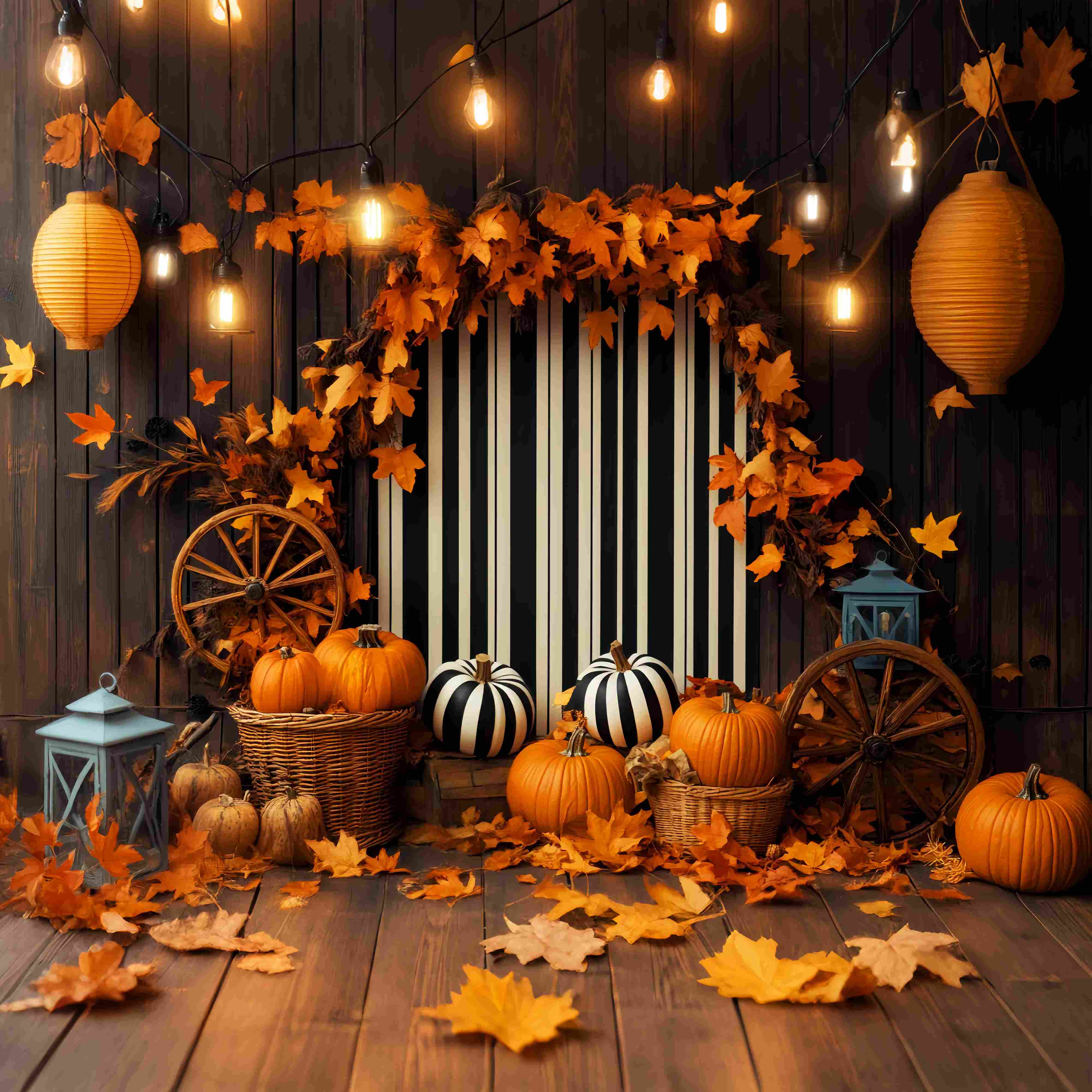 Toile de fond Photo Automne Présentoir Lanterne Citrouille Fond Rayé LXX58-211