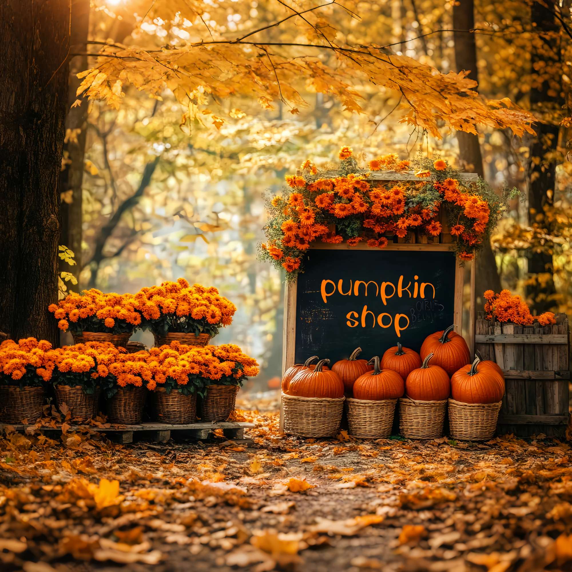 Toile de fond Photo Automne Marché Fleurs Automne Boutique Citrouilles LXX58-215