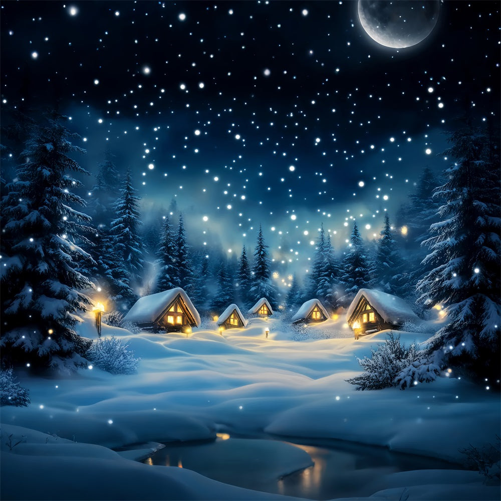 Toile de fond Hiver Cabane Enneigée Forêt Nocturne CSH58-216