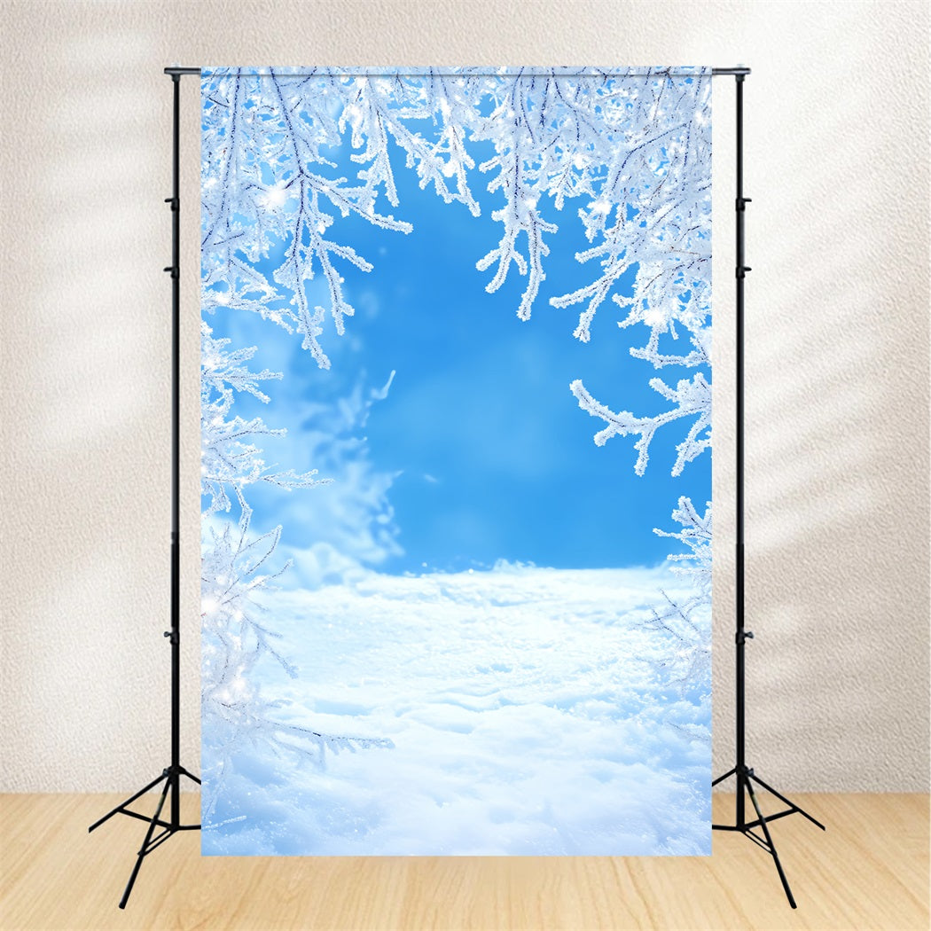 Toile de fond Hiver Branches Givrées Ciel Bleu Neige d’Hiver CSH58-217