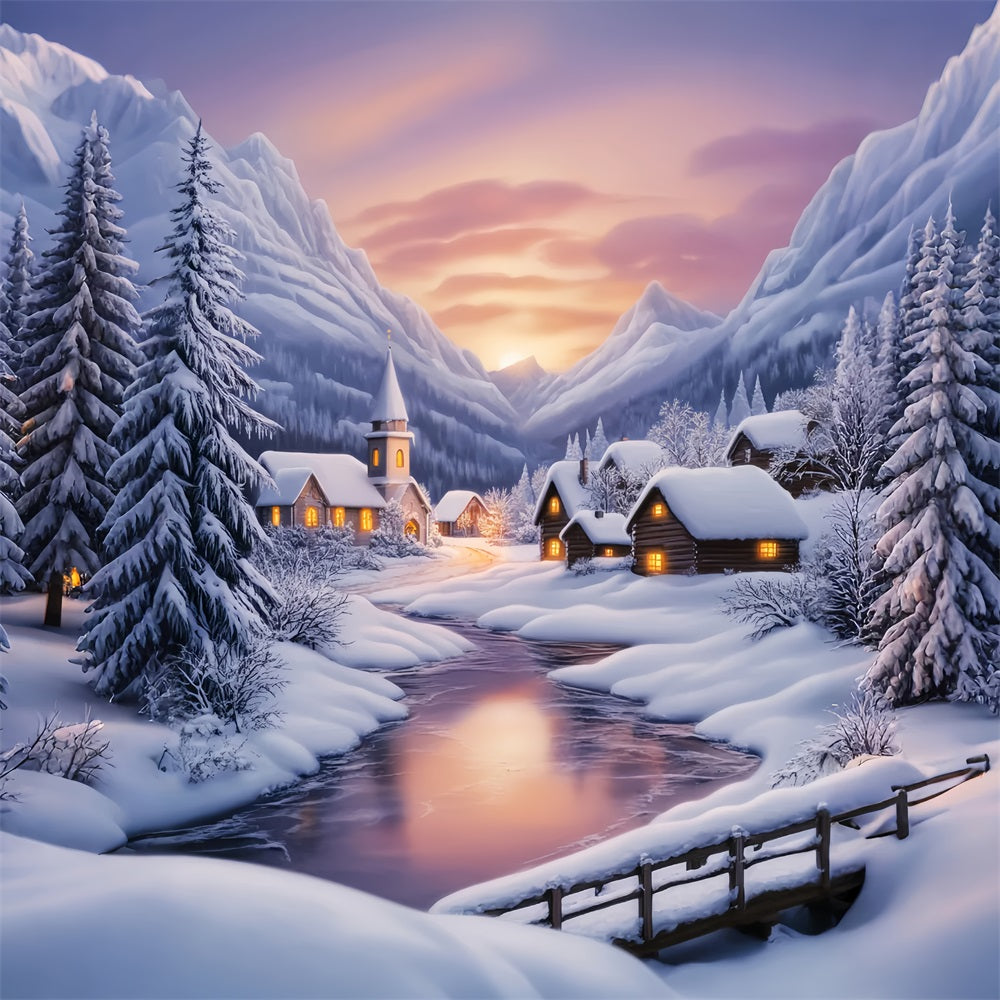 Toile de fond Hiver Village Alpin Neigeux au Coucher du Soleil CSH58-223