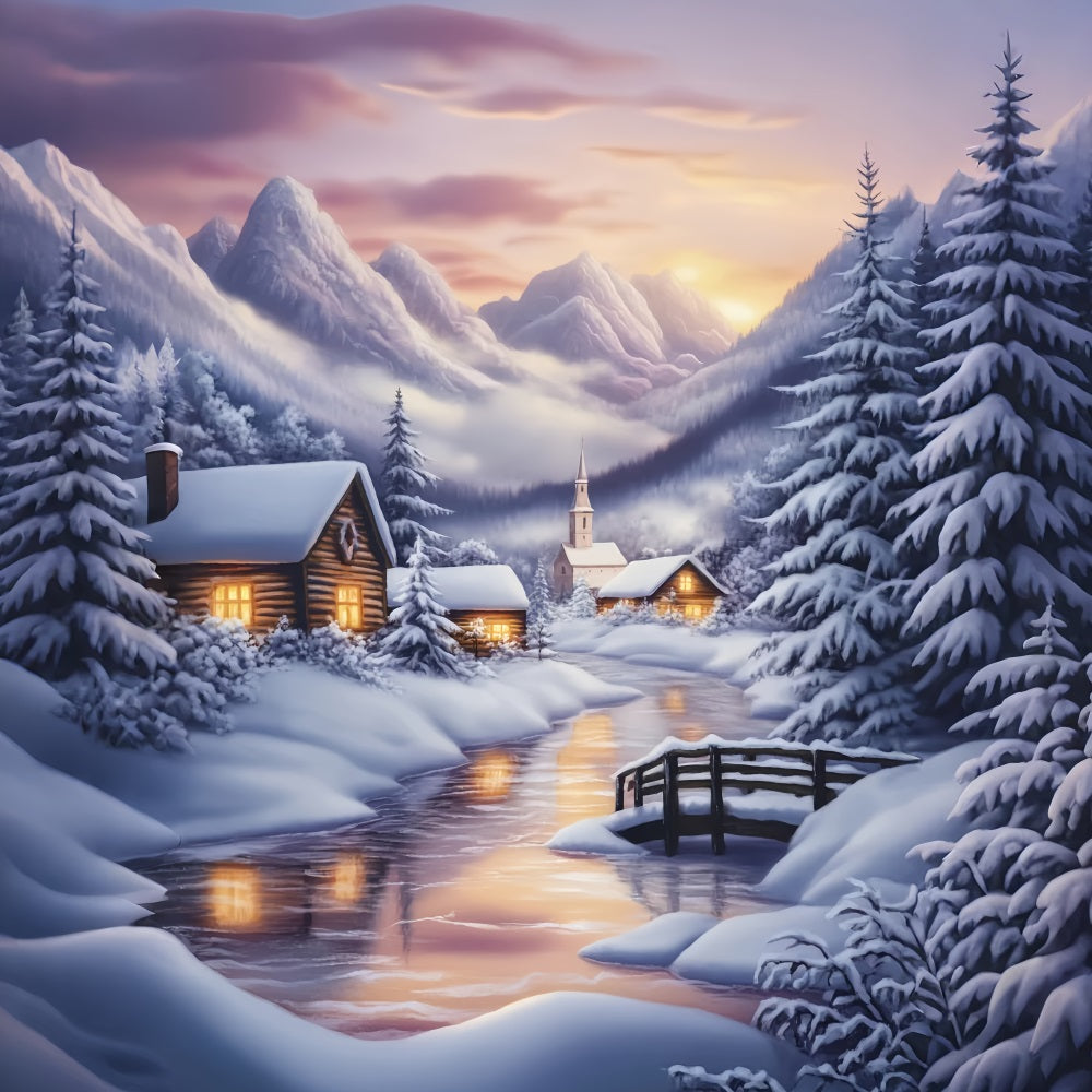 Toile de fond Hiver Village Enneigé et Montagnes au Crépuscule CSH58-224