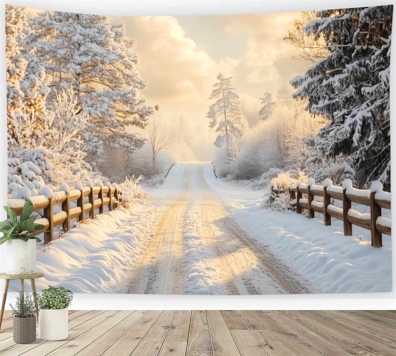 Toile de fond Hiver Lever de Soleil Doré Sentier Enneigé CSH58-232