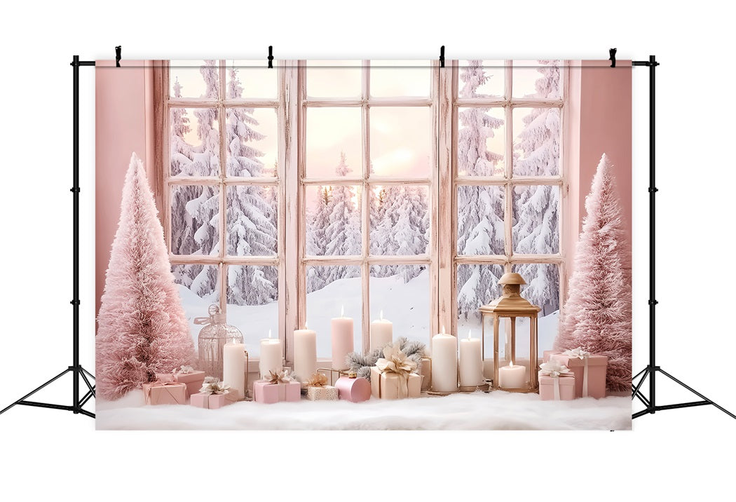 Toile de fond Hiver Fenêtre Givrée à la Lueur Rose des Bougies CSH58-234