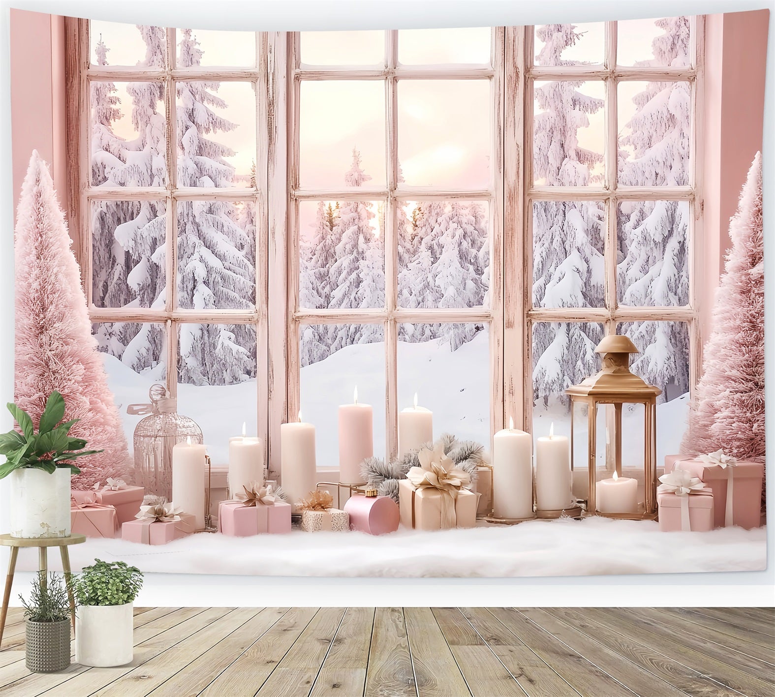 Toile de fond Hiver Fenêtre Givrée à la Lueur Rose des Bougies CSH58-234