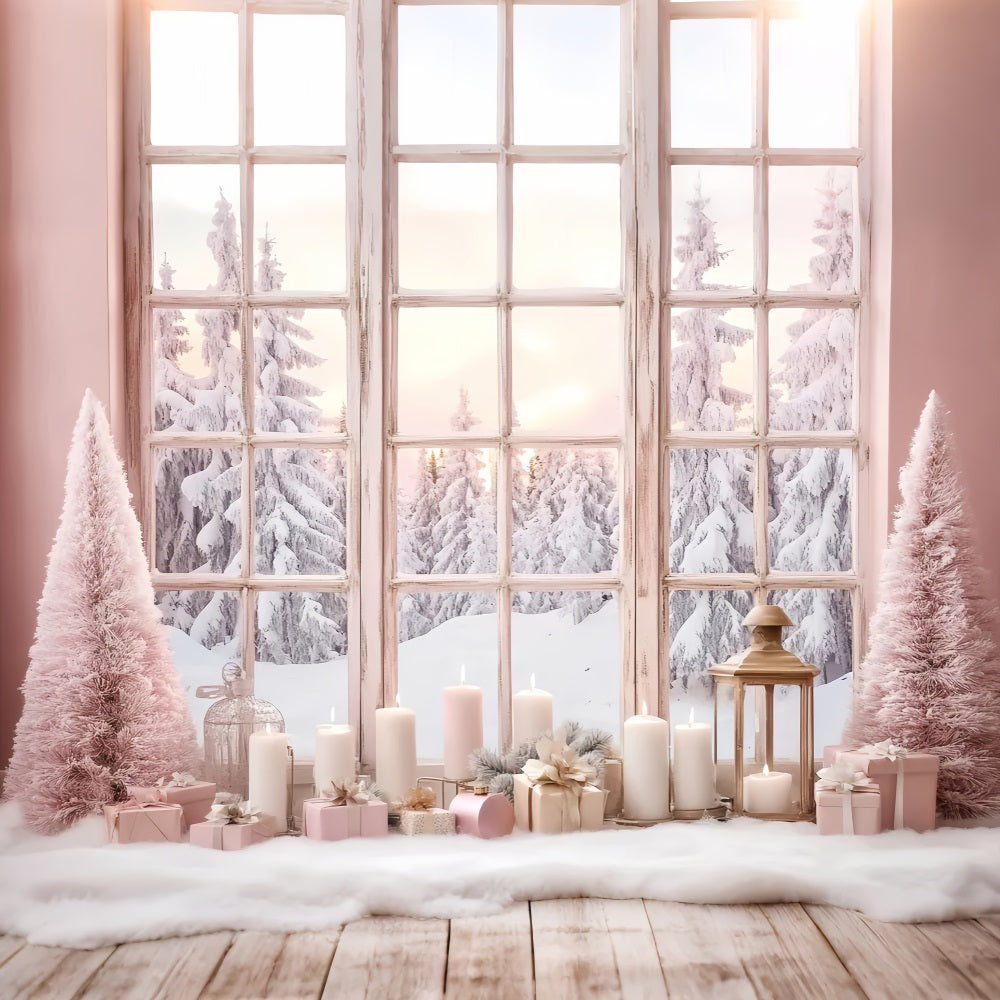 Toile de fond Hiver Fenêtre Givrée à la Lueur Rose des Bougies CSH58-234