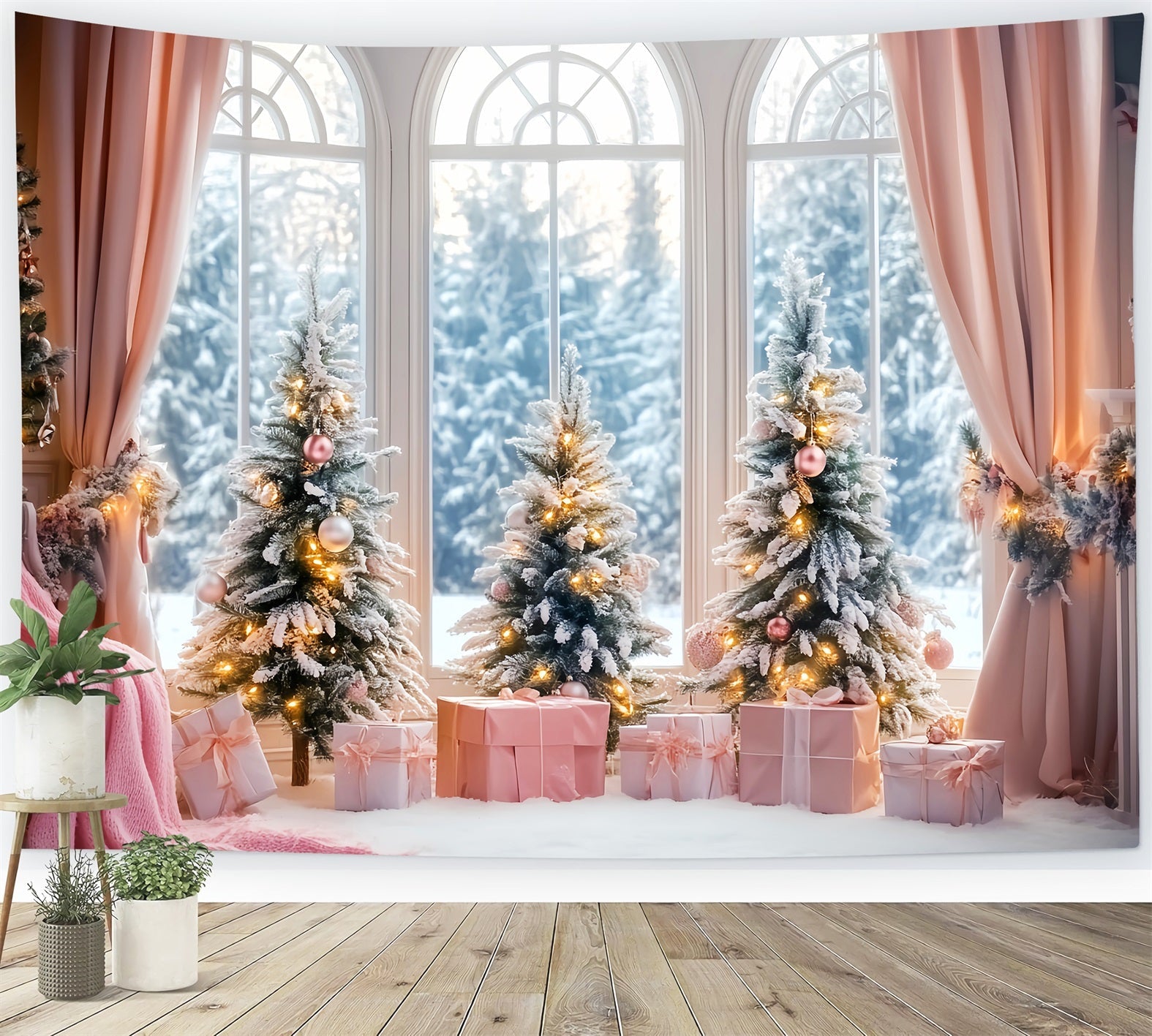 Toile de fond Hiver Cadeau Rose Sapins de Noël Givrés CSH58-236