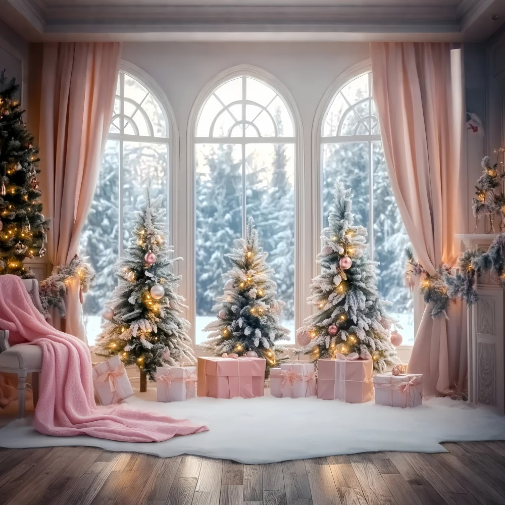 Toile de fond Hiver Cadeau Rose Sapins de Noël Givrés CSH58-236