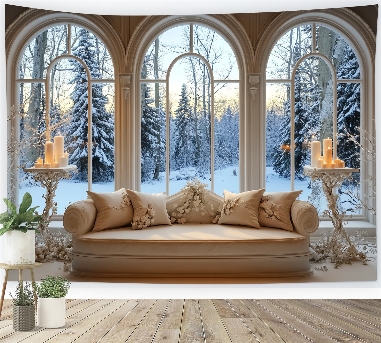 Toile de fond Hiver Fenêtre Enneigée Lueur Dorée des Bougies CSH58-237