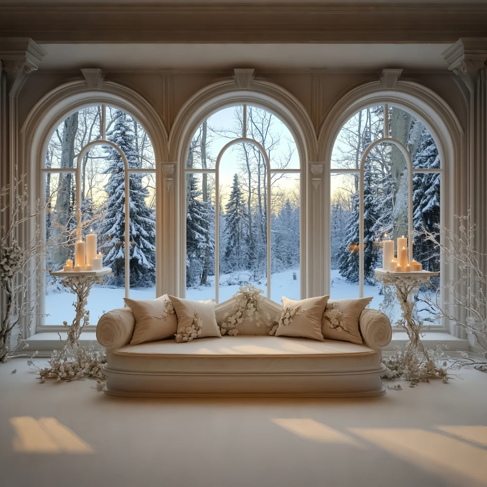 Toile de fond Hiver Fenêtre Enneigée Lueur Dorée des Bougies CSH58-237