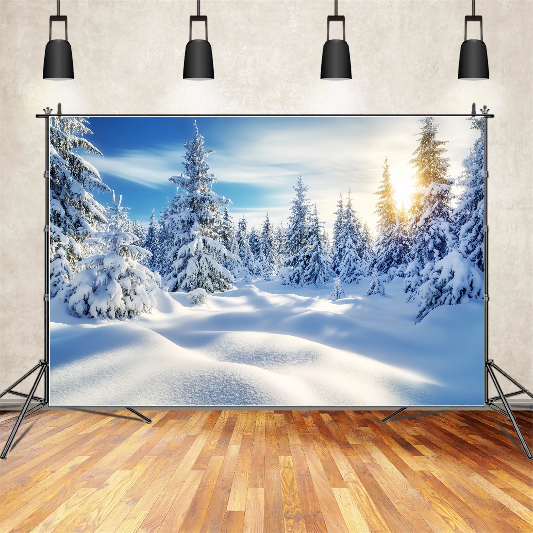 Toile de fond Hiver Lever de Soleil Doré Forêt Enneigée CSH58-239