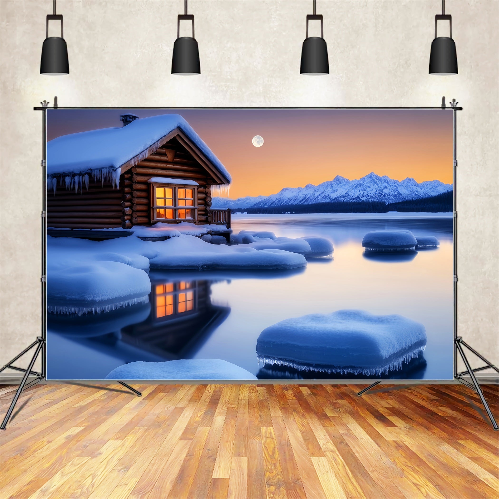 Toile de fond Hiver Cabane Chaleureuse Clair de Lune Hivernal CSH58-243