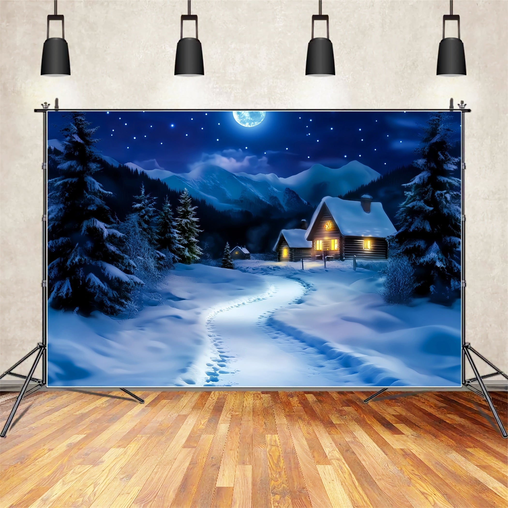Toile de fond Hiver Chemin de Cabane Enneigé au Clair de Lune CSH58-244